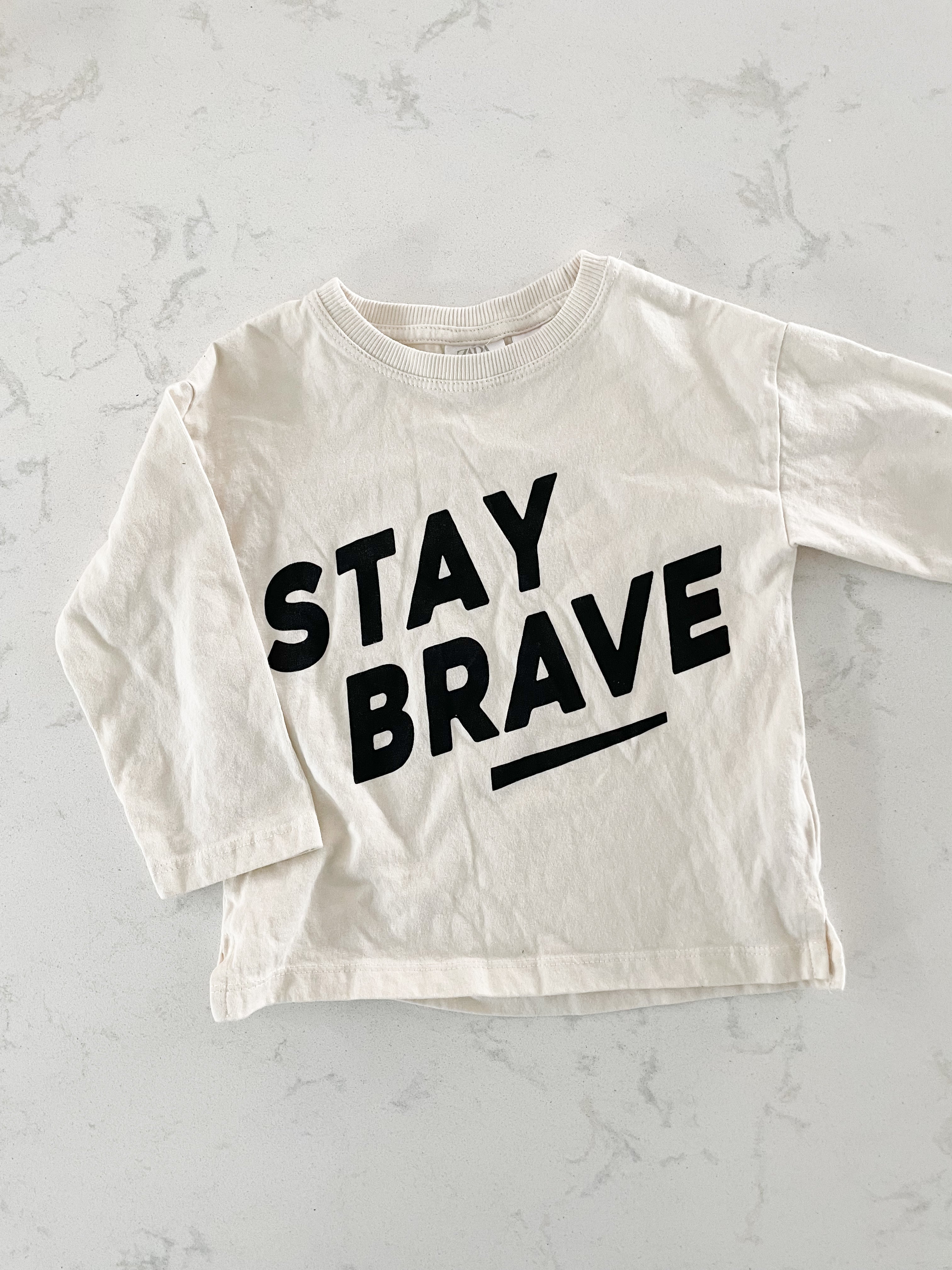 Zara-12-18m-VGUC-beige long sleeve with Stay Brave