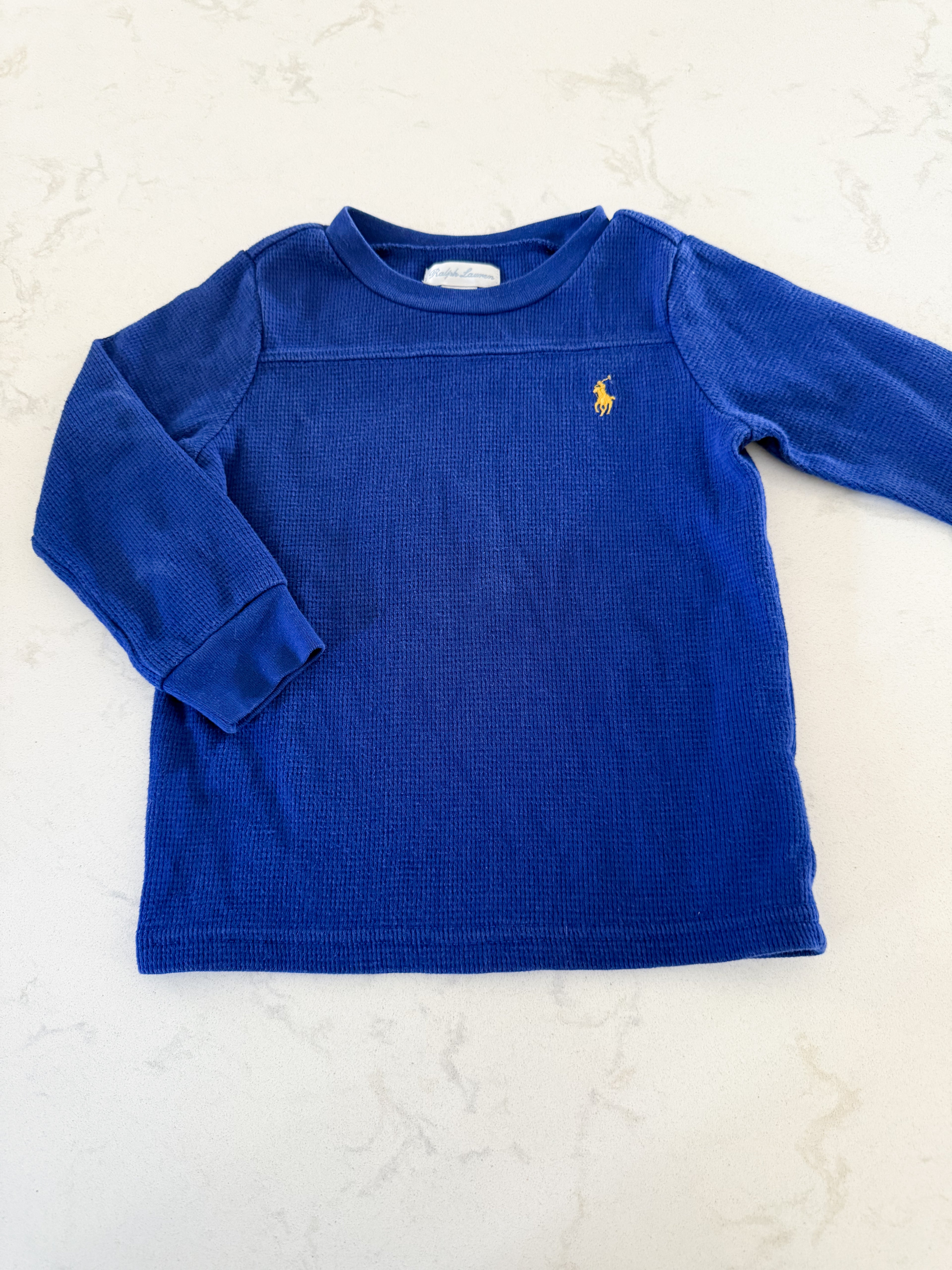 Ralph Lauren-24m- GUC- blue waffle knit shirt with yellow logo
