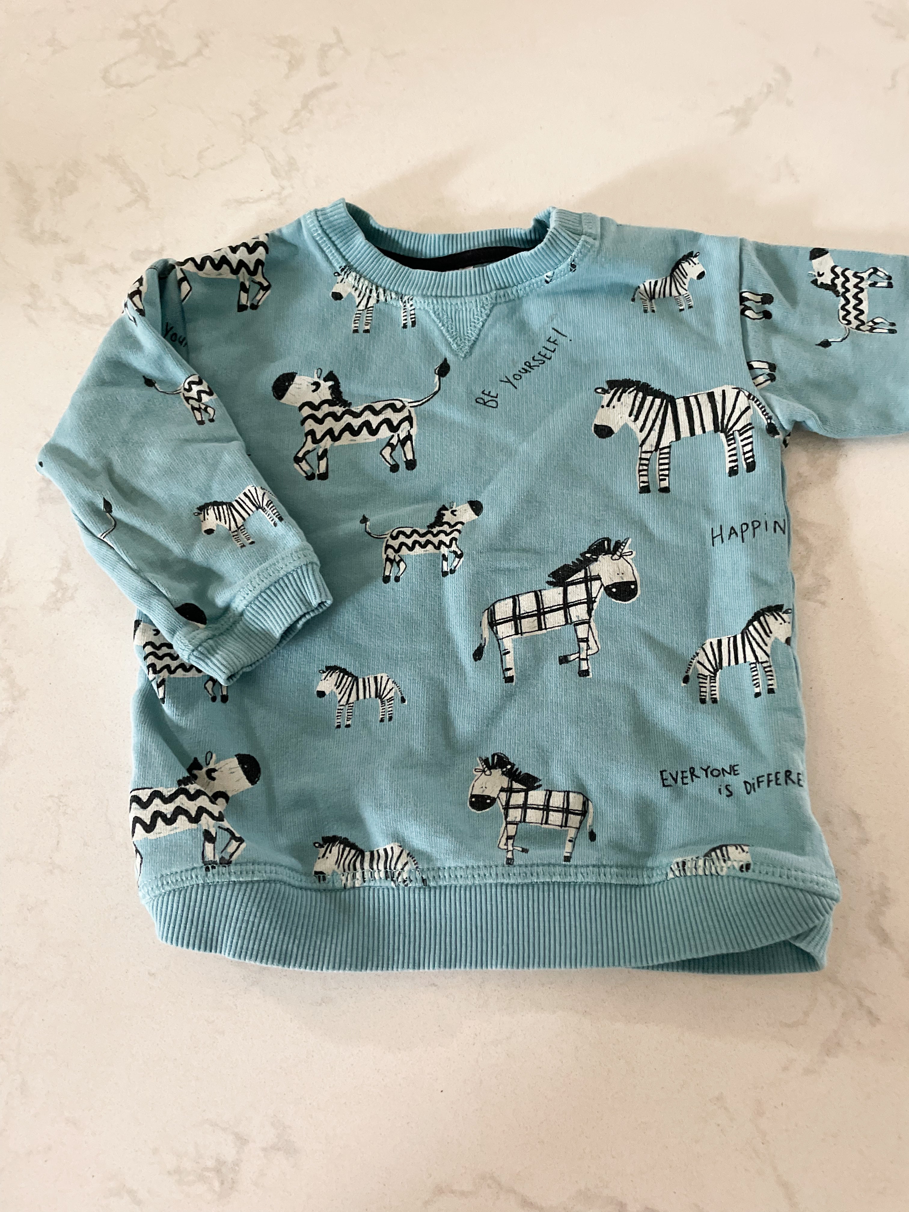 H&M-6-9m-PLAY- blue crewneck with zebras