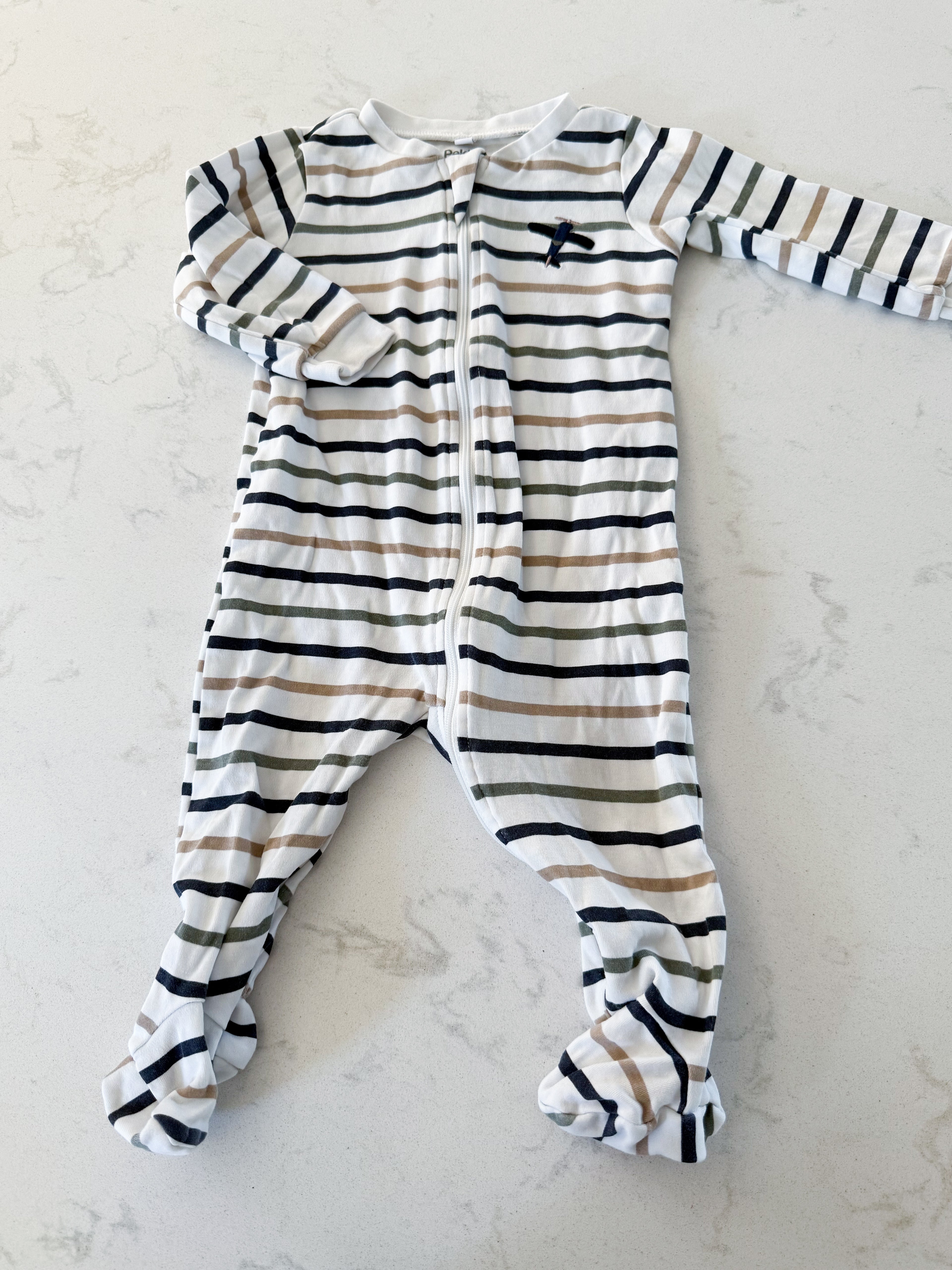 Pekkle- 9m- GUC- green navy and beige striped footie jammies with embroidered plane