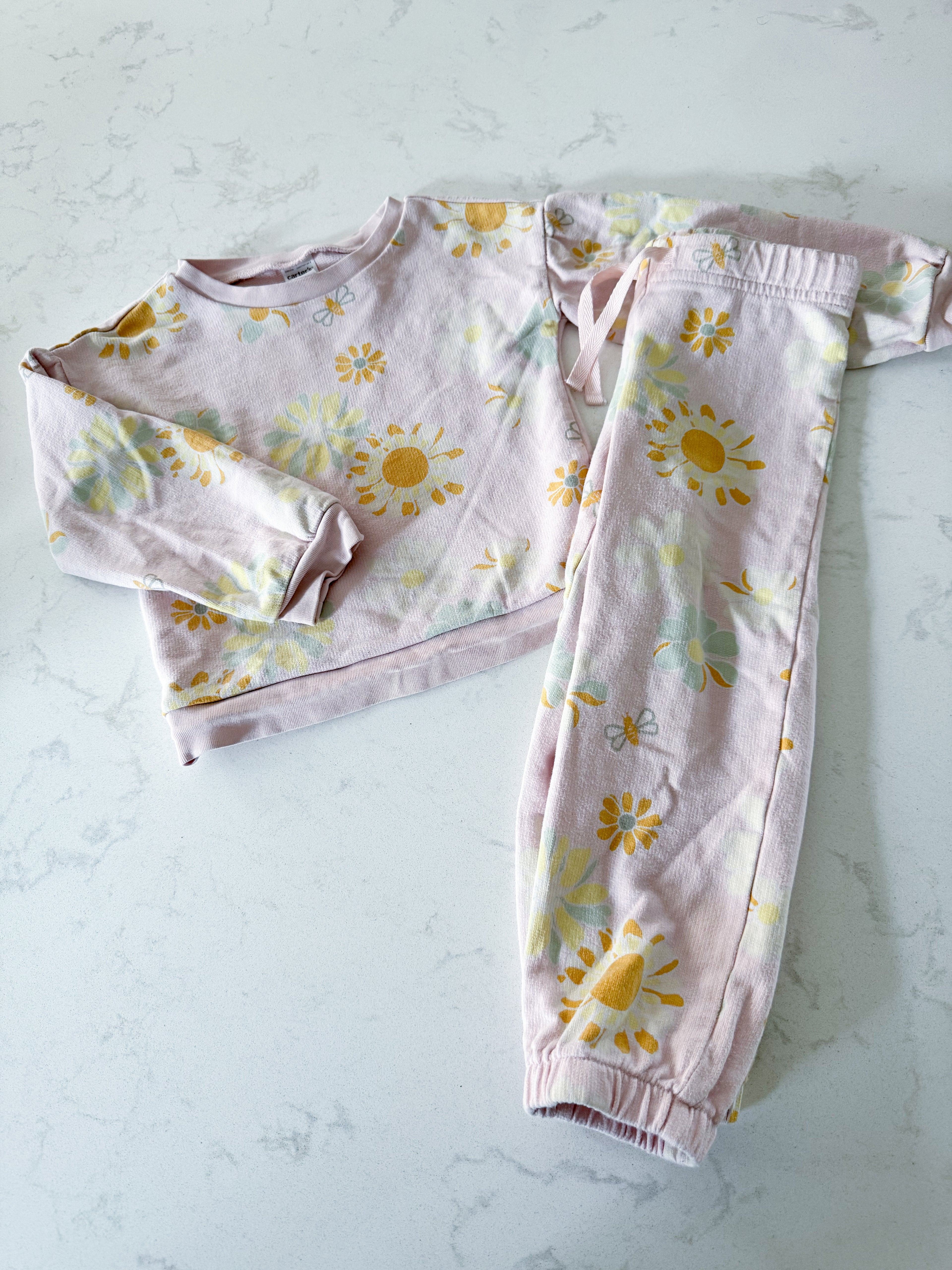 Carters-3T- PLAY- light pink sweat set with yellow and mint green flowers
