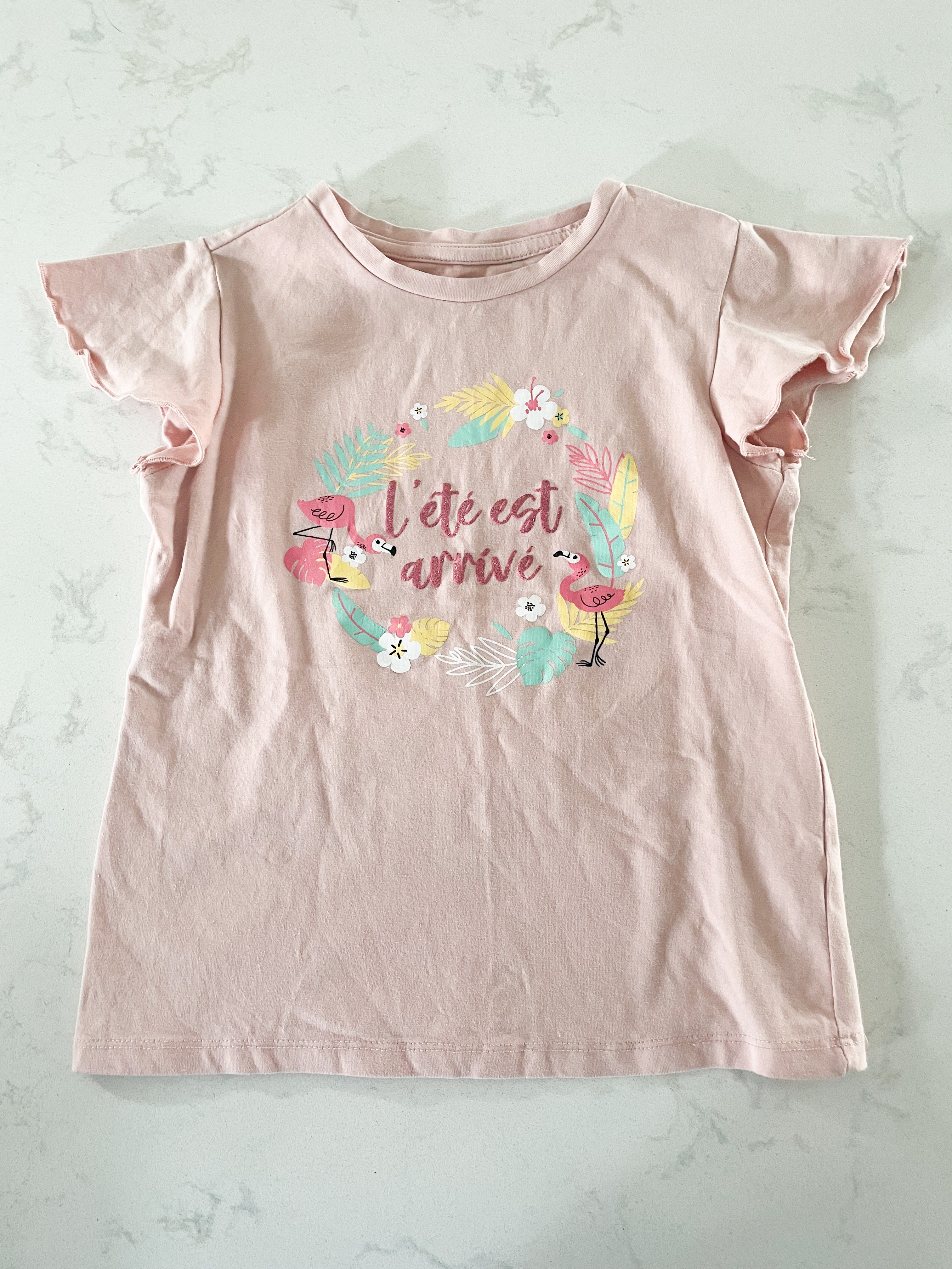 Tag- 8Y- GUC- light pink ruffle t shirt with tropical graphics French