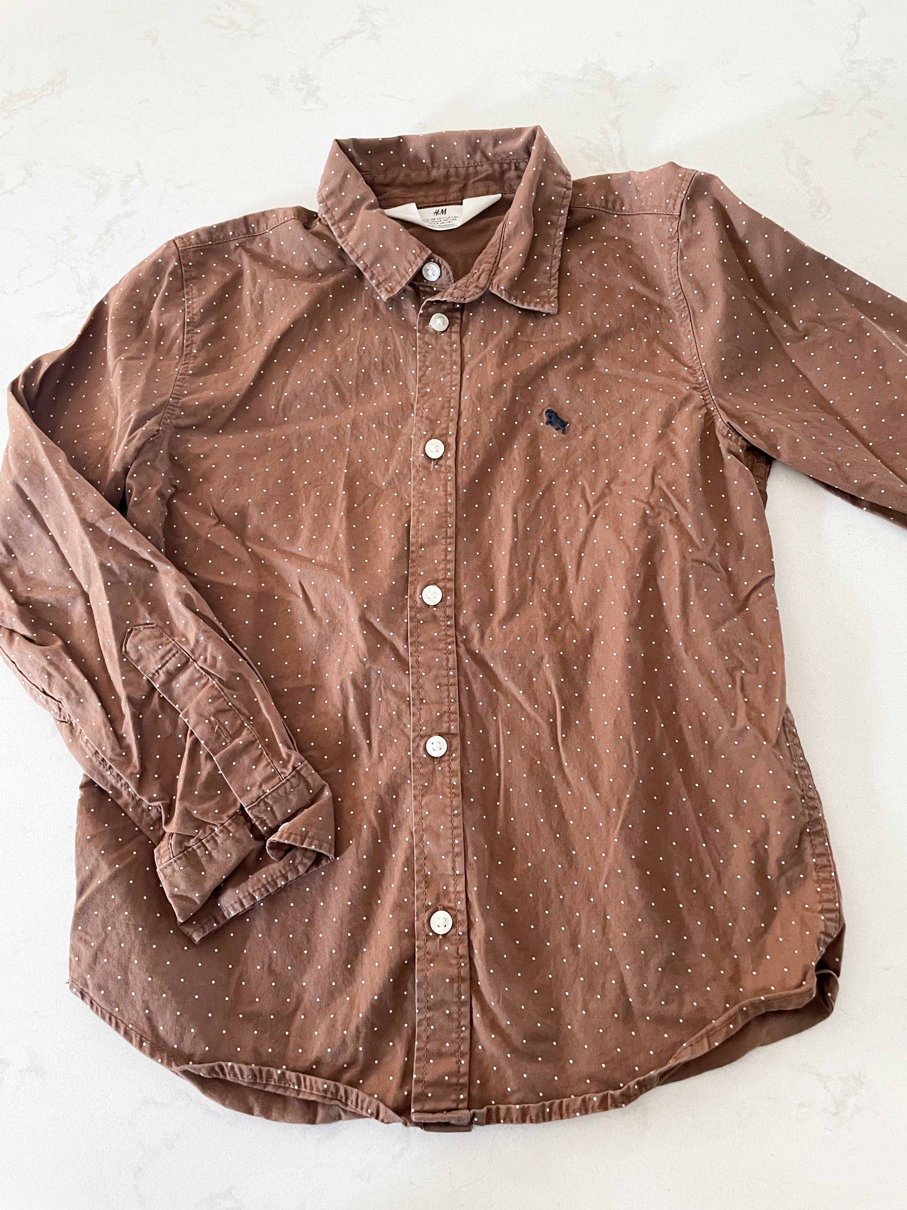 H&M-GUC- 7Y- brown and white polka dot dress shirt