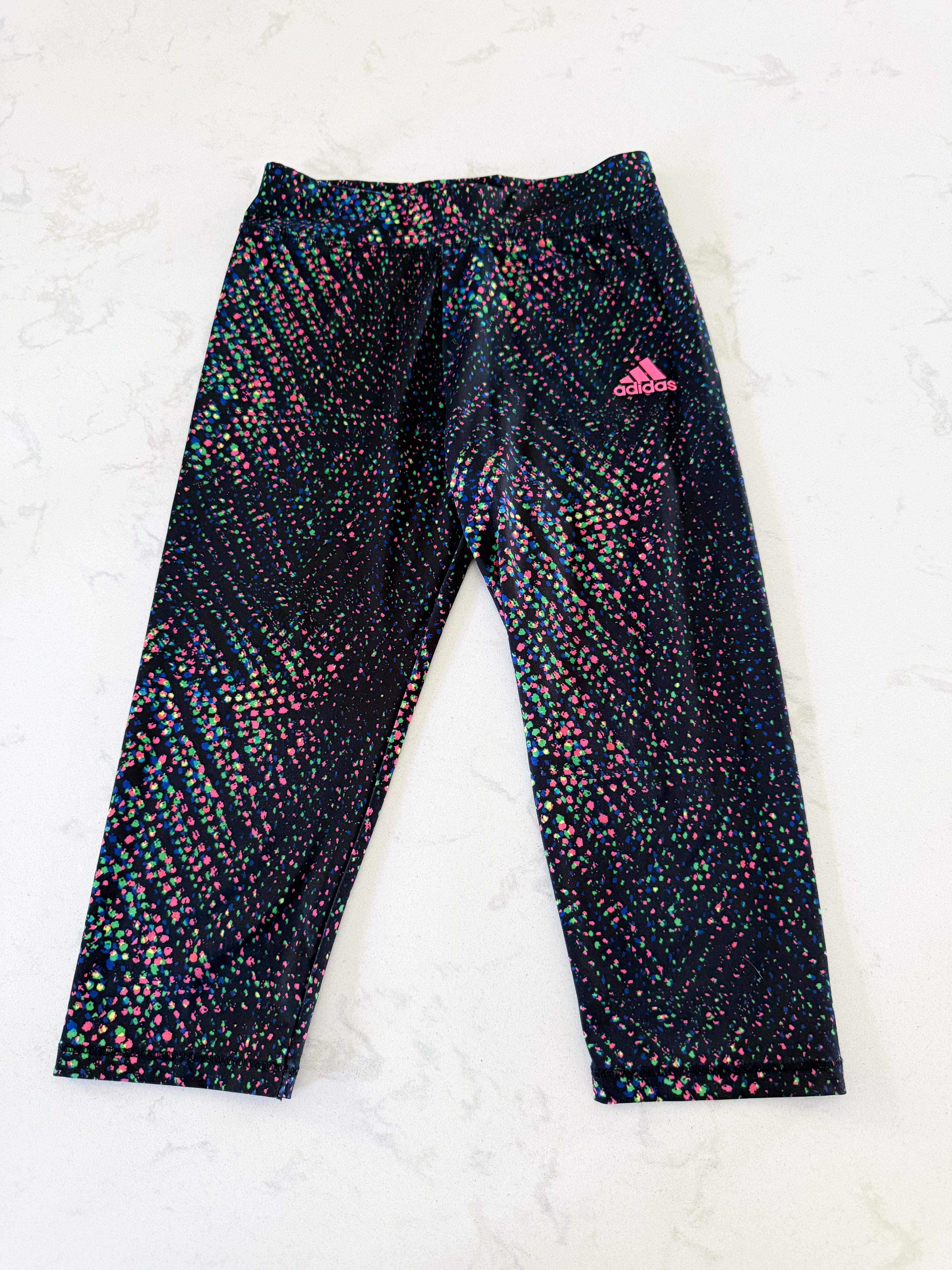 Adidas- 6Y- VGUC- black capri leggings with neon multicoloured spots
