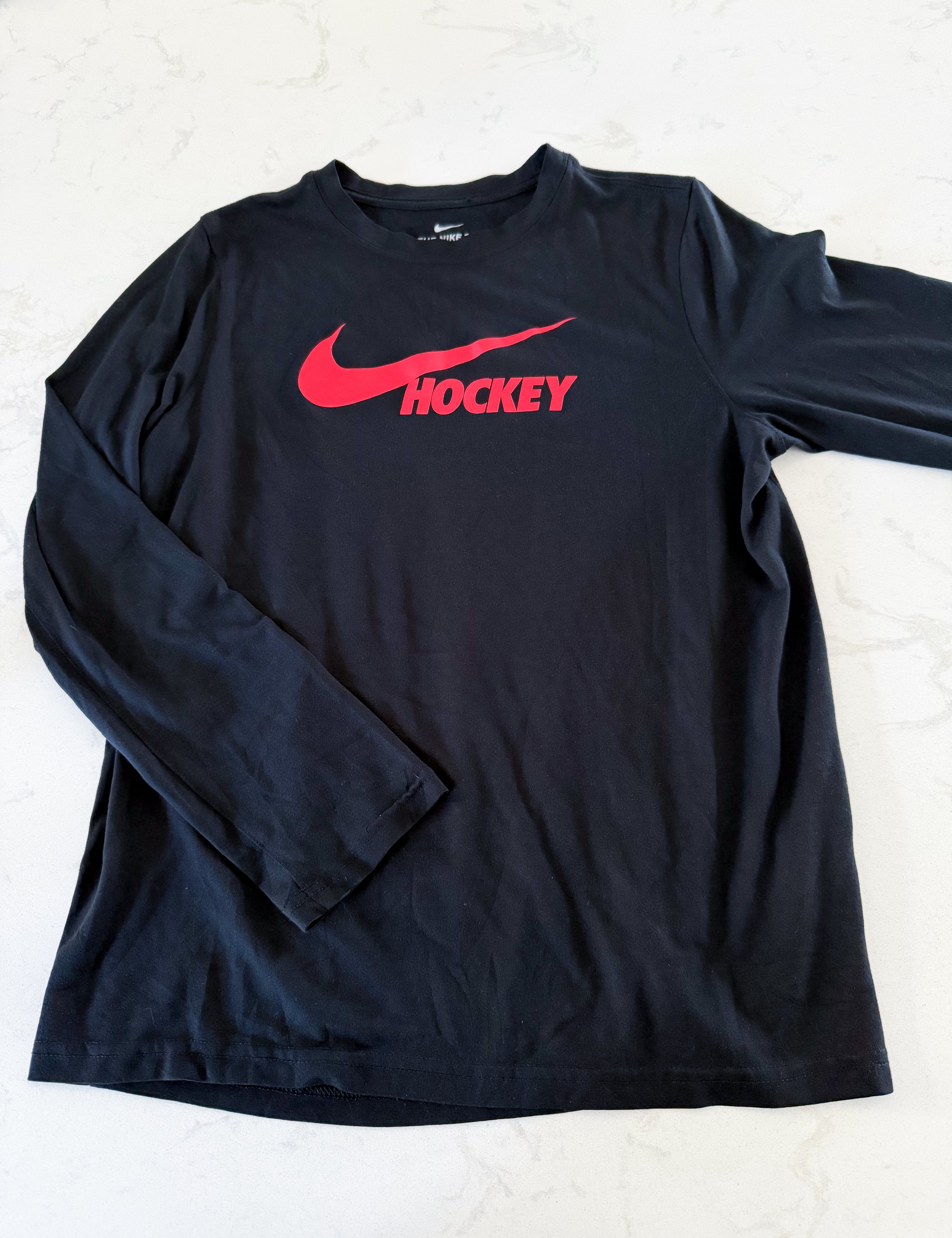 Nike-XL (14-16Y)- VGUC- black long sleeve thin athletic shirt with hockey