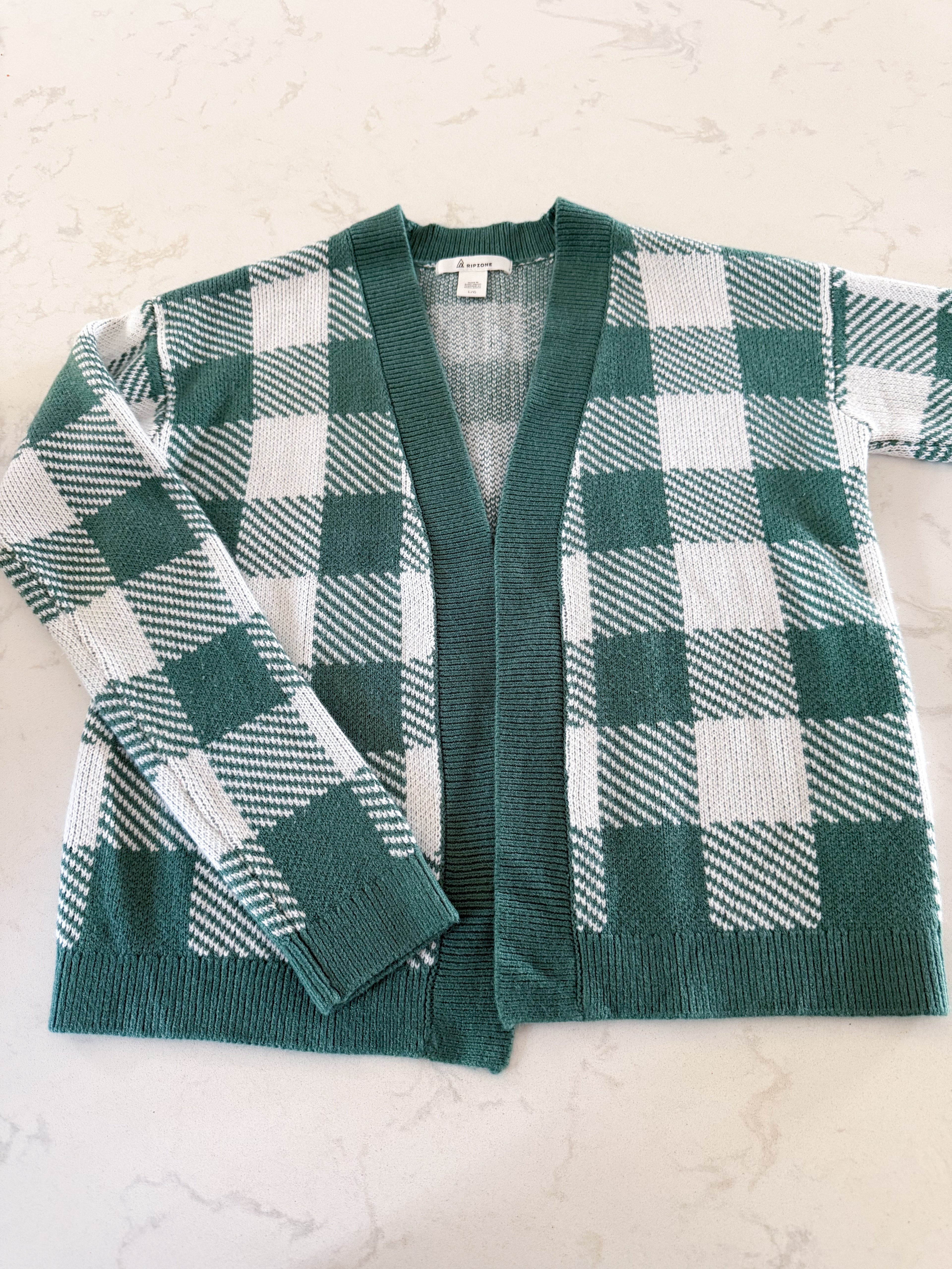 RipZone-14-16Y- GUC- green and white plaid cardigan