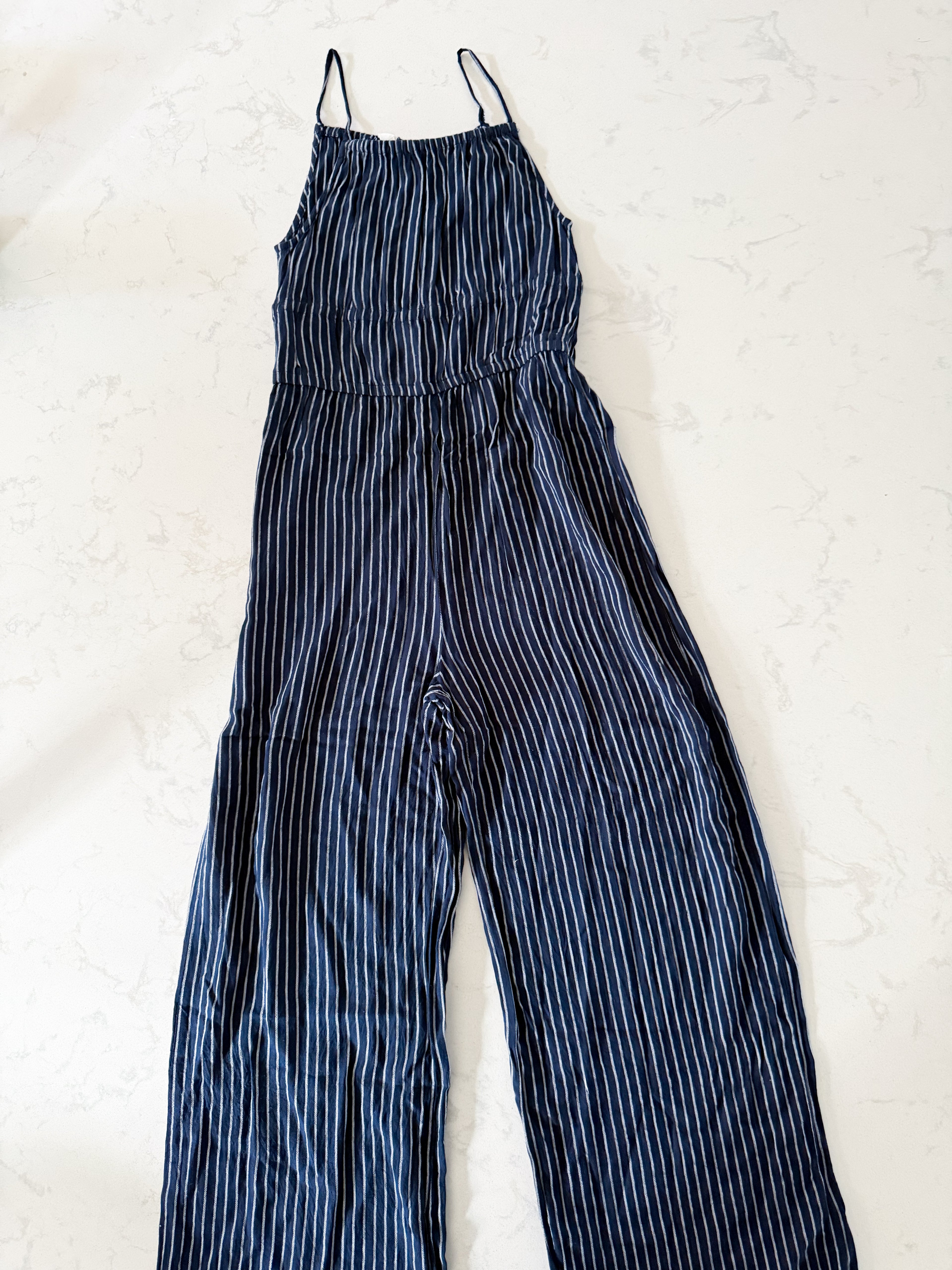 H&M- 12Y- GUC- navy blue tank romper with thin white stripes