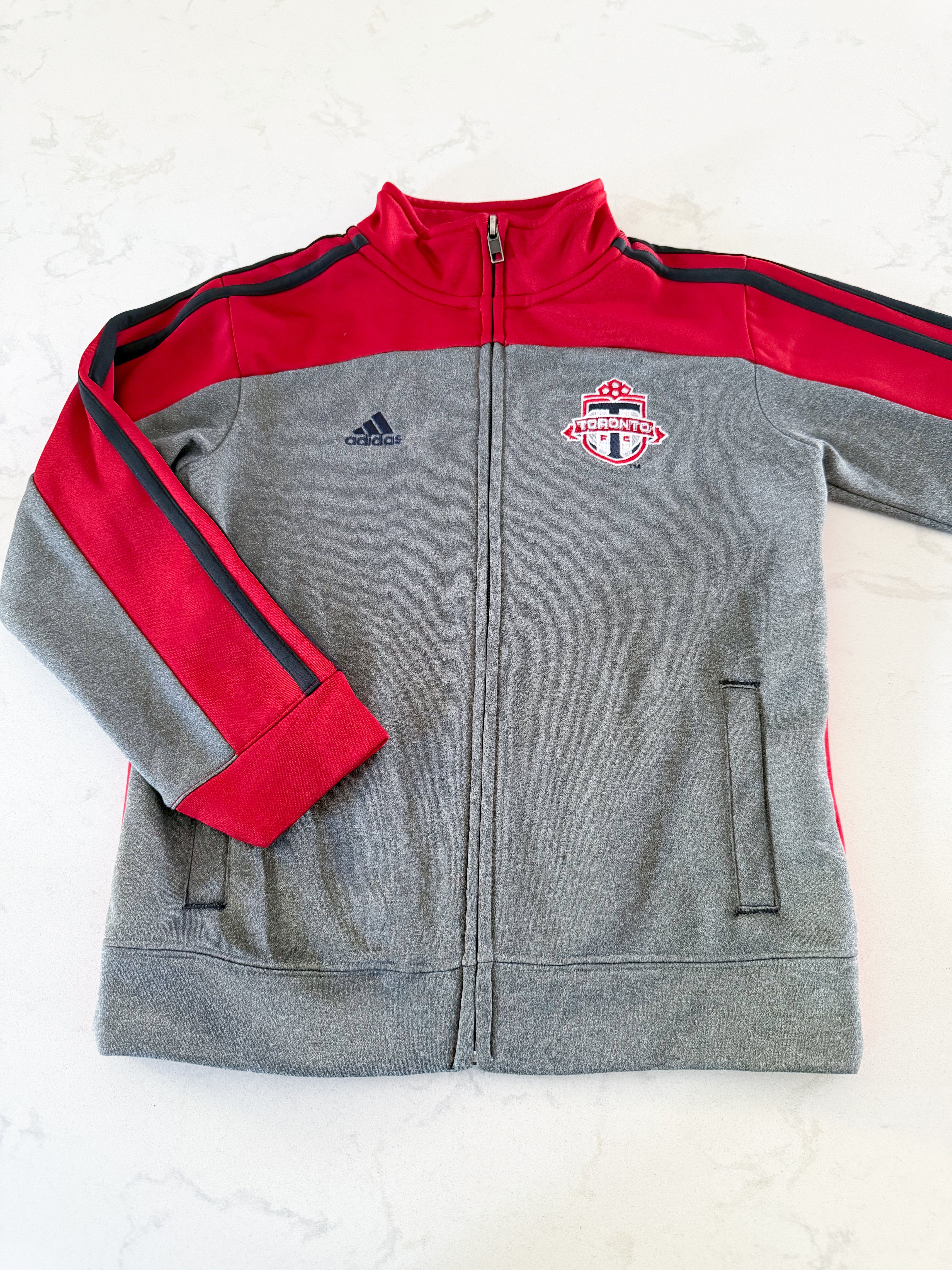 Adidas- fits 6-7Y- VGUC- grey and red Toronto FC athletic zip up with embroidered logo