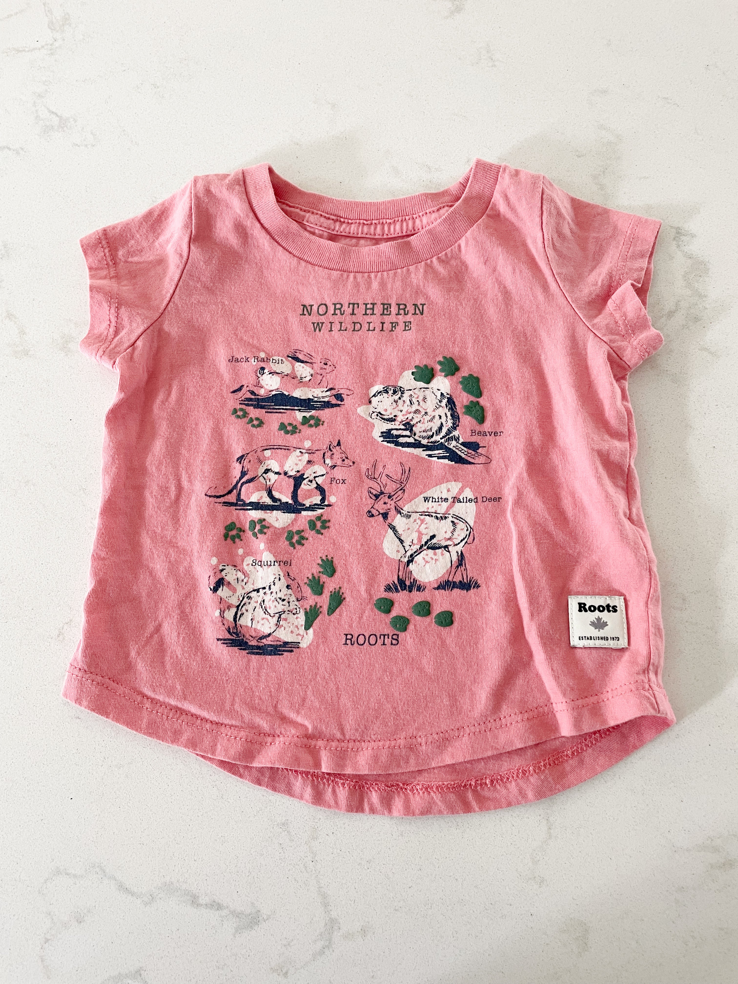 Roots- 3-6 months- pink t- shirt with woodland animals