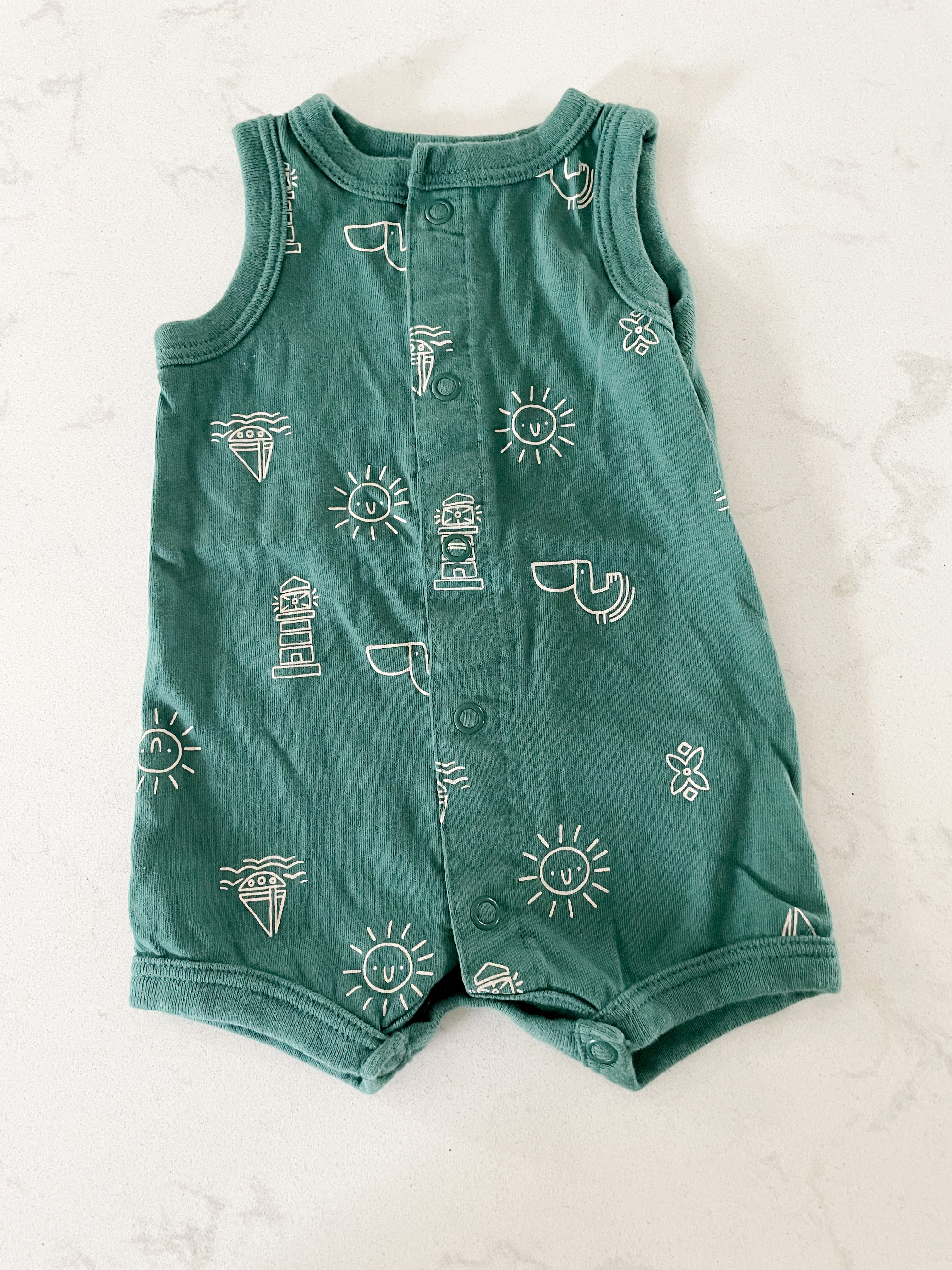 Carter’s- Newborn- Forest green tank romper with seaside graphics