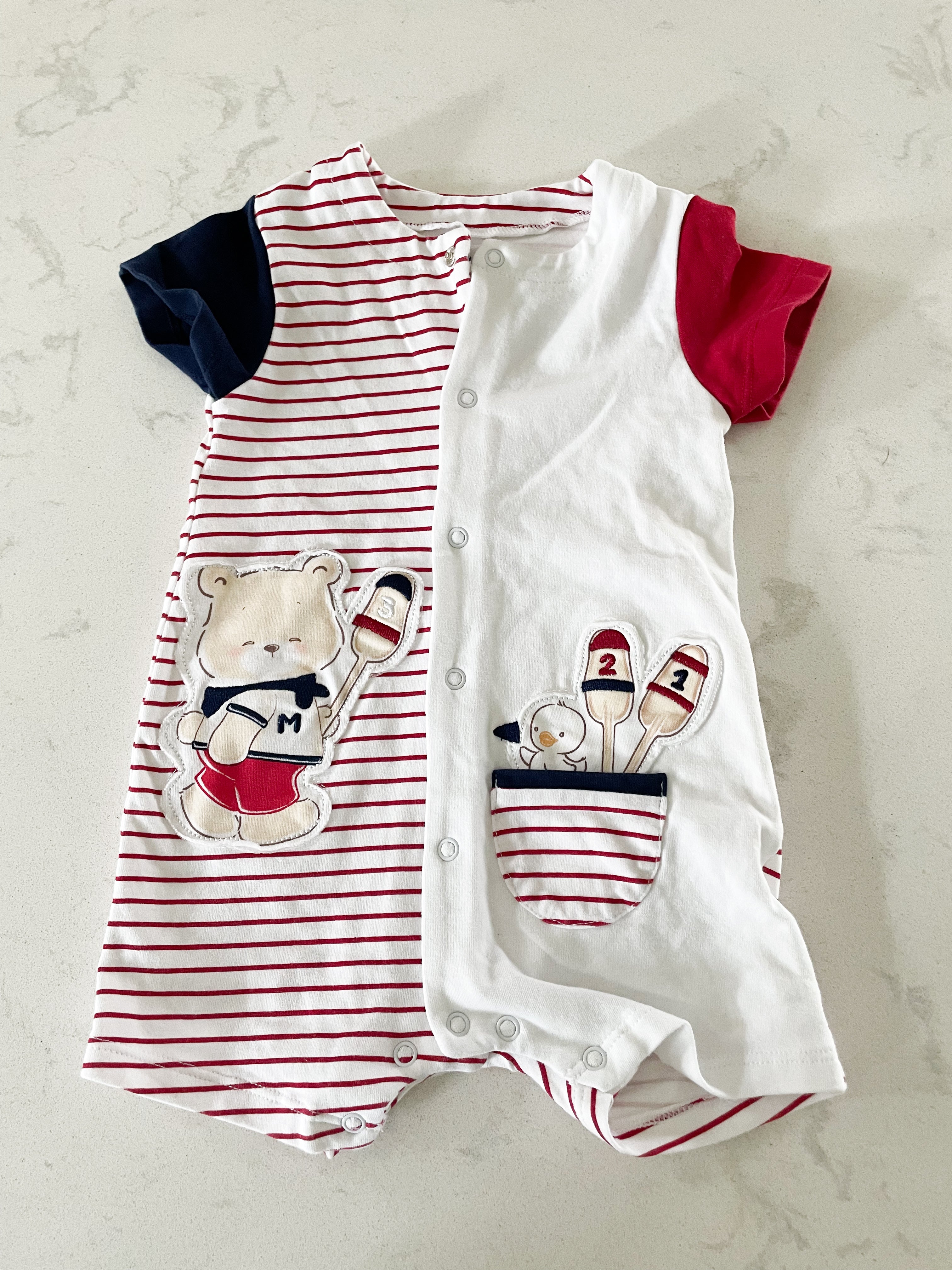 Mayoral- 3-6 months - white red and blue striped nautical shorts romper