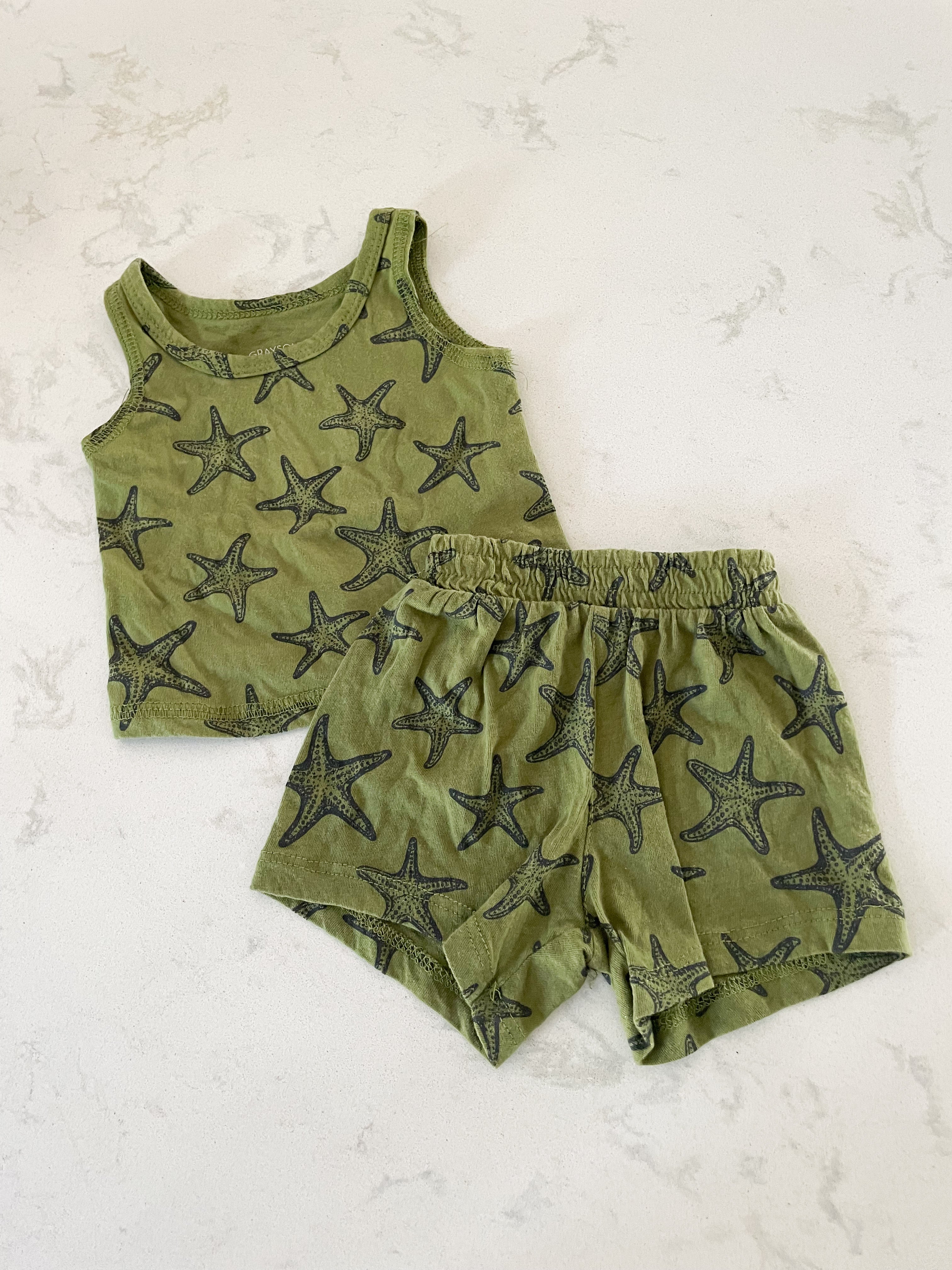 Grayson Mini- Newborn- matching tank and shorts olive green starfish set