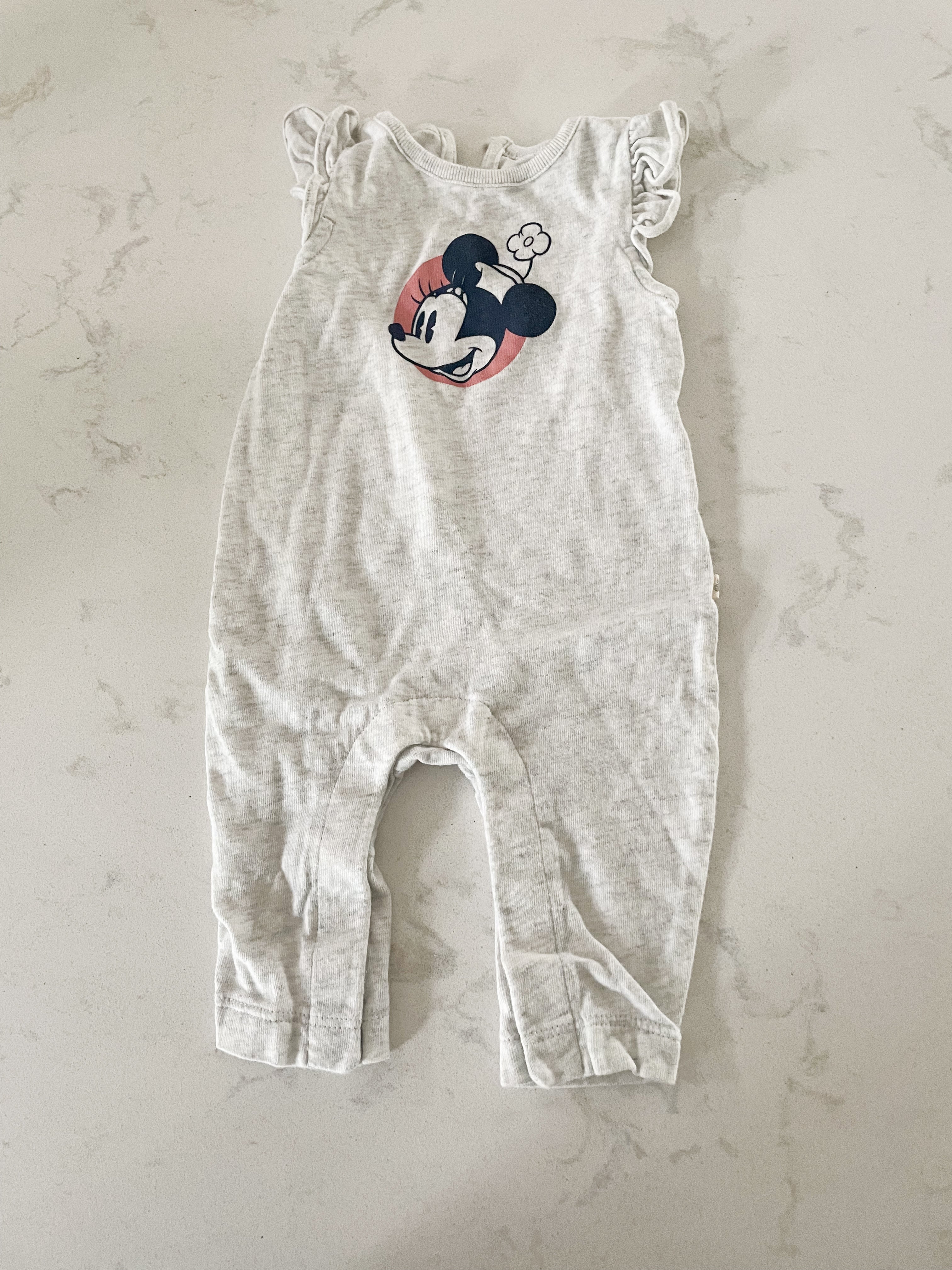 Baby Gap- 0-3 months- light grey ruffle tank romper with minnie