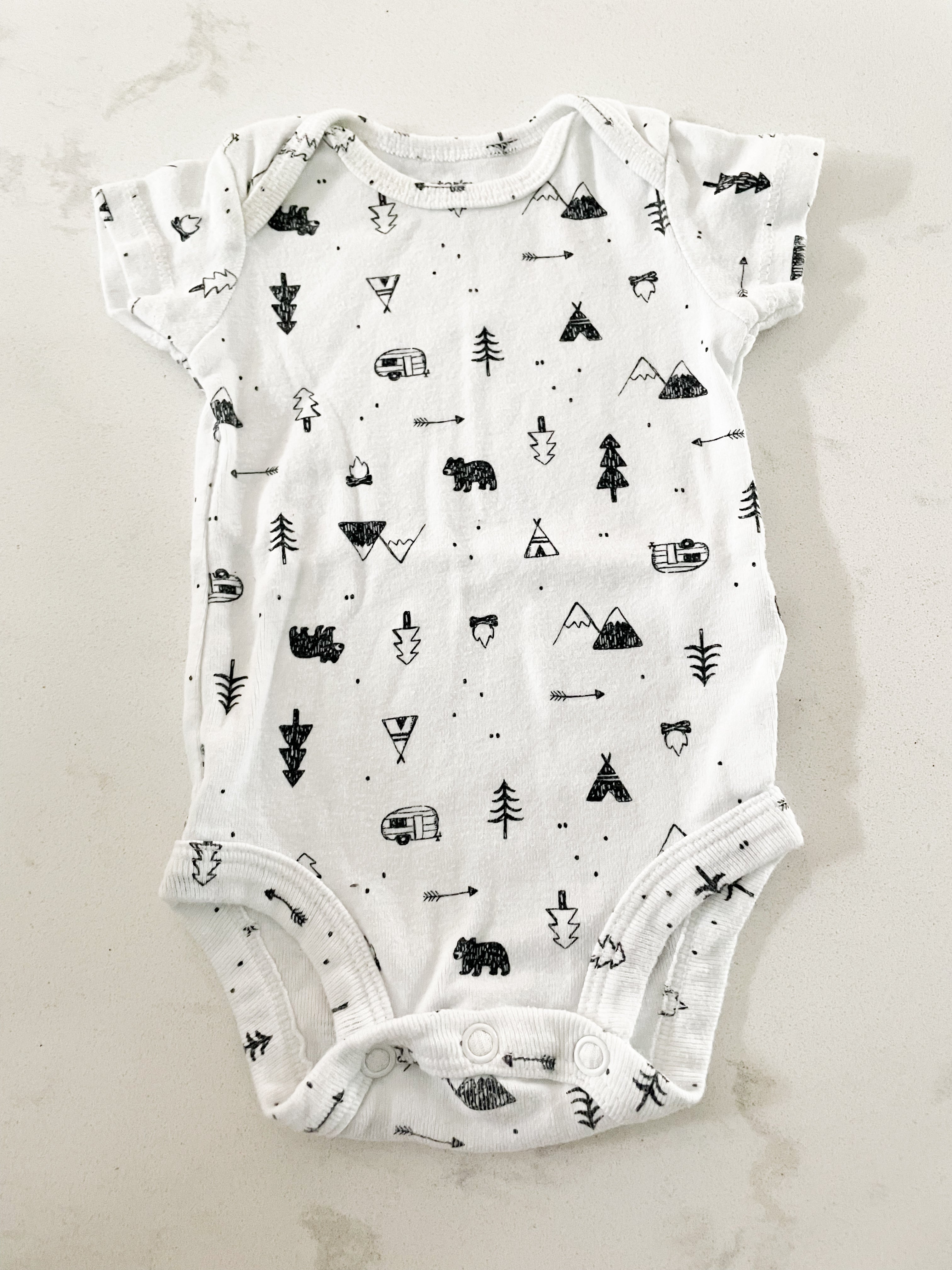 Carter’s- Newborn- white with camping print short sleeved bodysuit