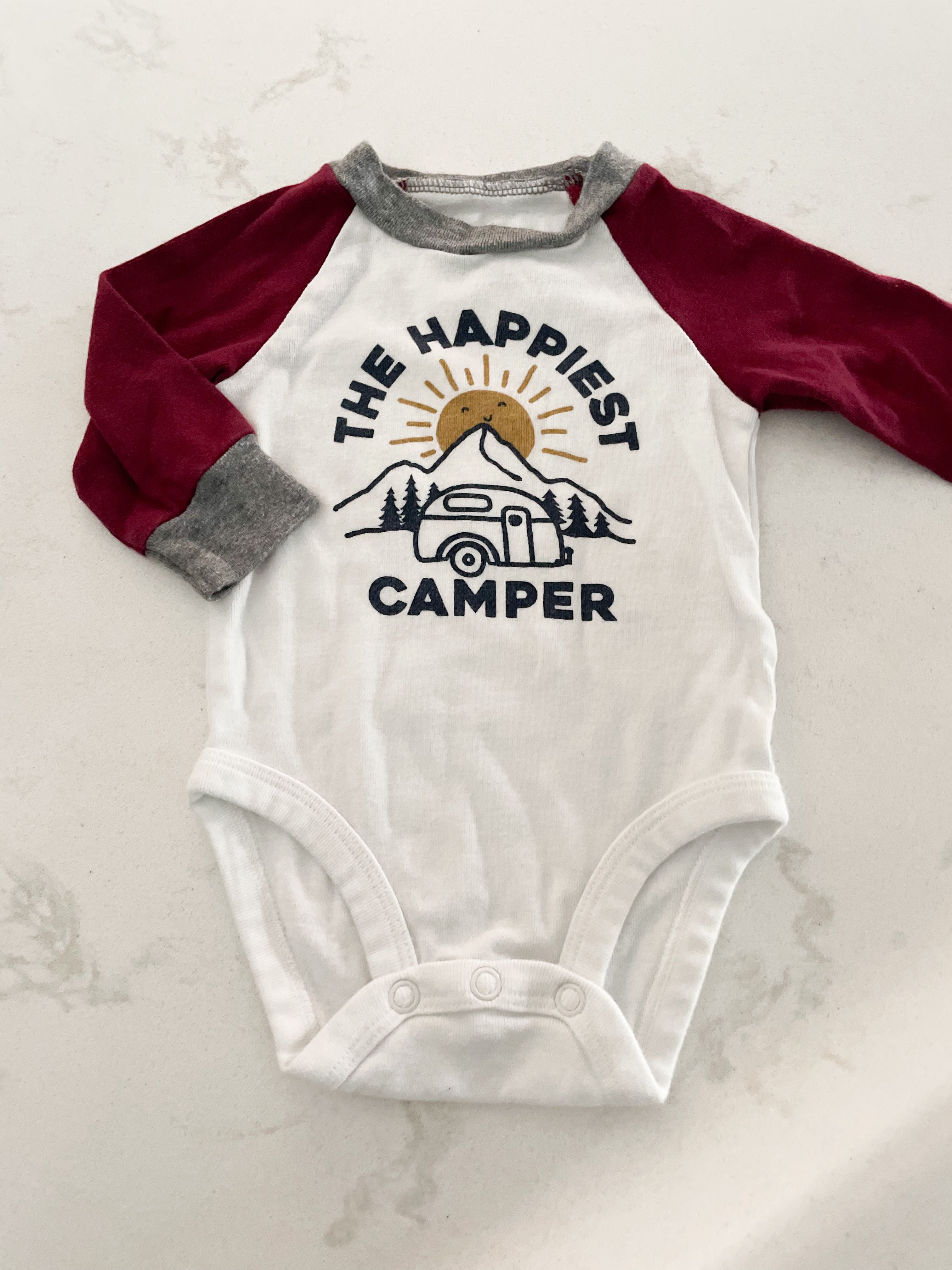 Carter’s- 3 months- The Happiest Camper- long sleeve baseball tee bodysuit