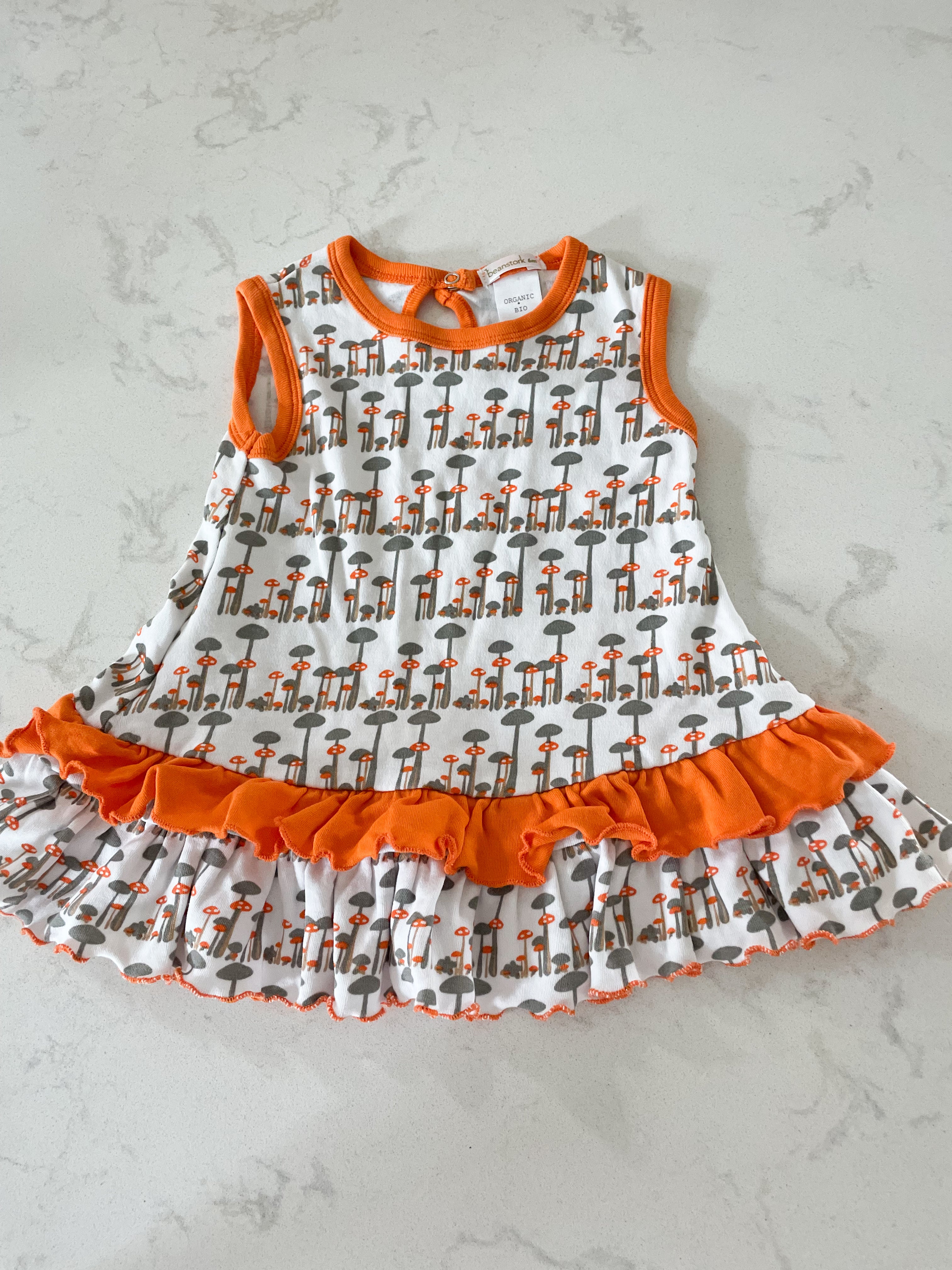 Beanstork- 6 months- organic orange and white dress with whimsical mushrooms