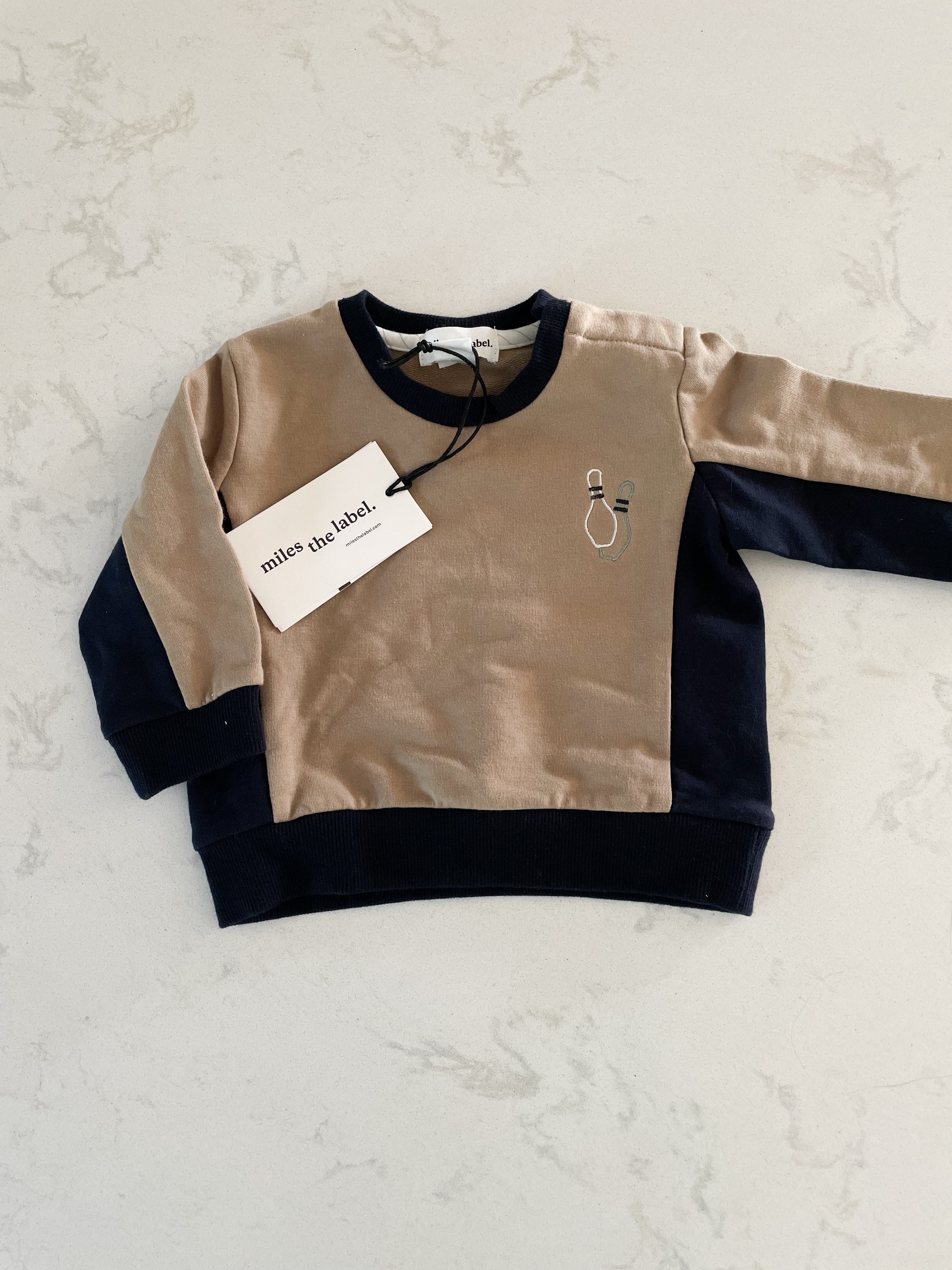 *New* Miles the Label- 6 months- tan bowling themed crewneck