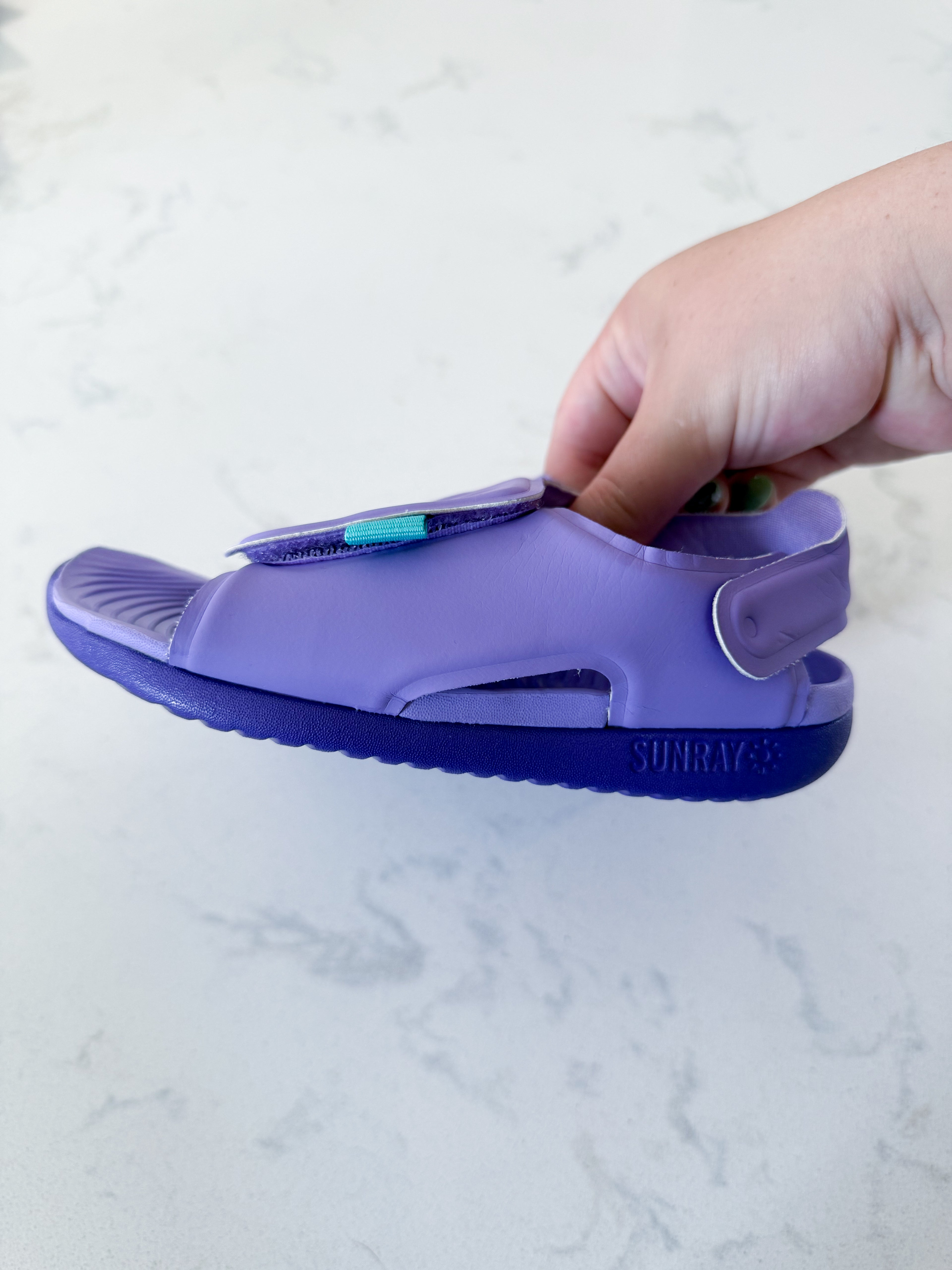 Nike- 10C- VGUC- purple Velcro sandals with teal accents