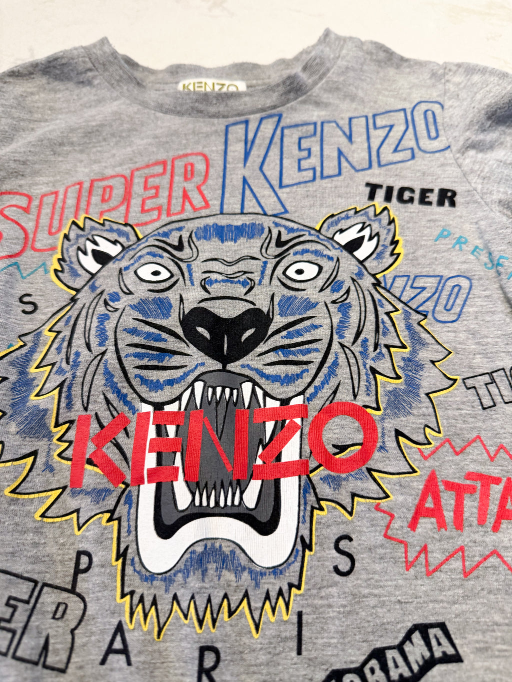 Kenzo-4T- GUC- long sleeve grey shirt with tiger and Kenzo graphics