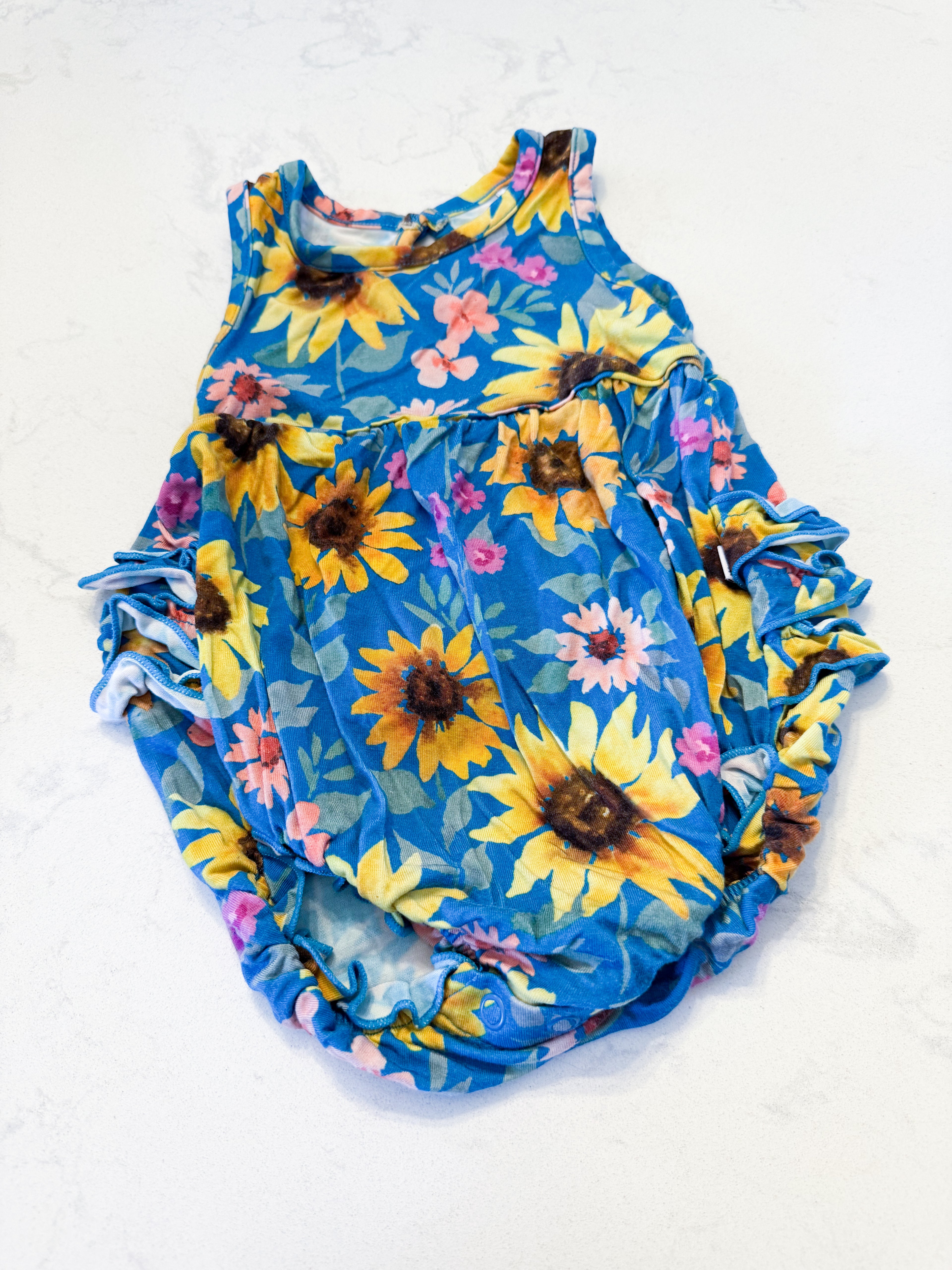 Little Sleepies (Play Collection)- 3-6m- VGUC- blue tank bubble romper with sunflowers and ruffle bum
