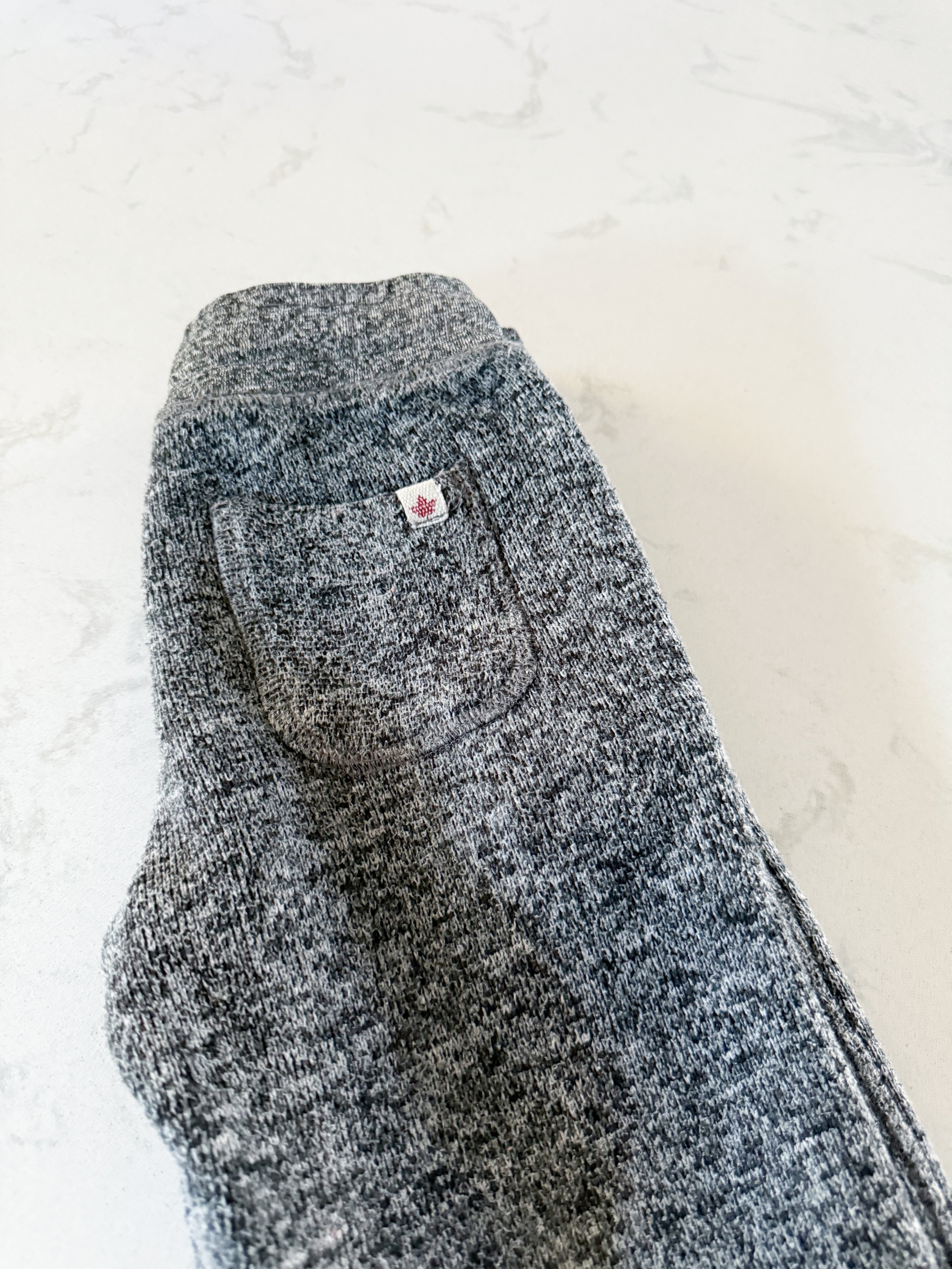 Canadiana- 4-5T- GUC- Grey speckled sweats with embroidered maple leaf
