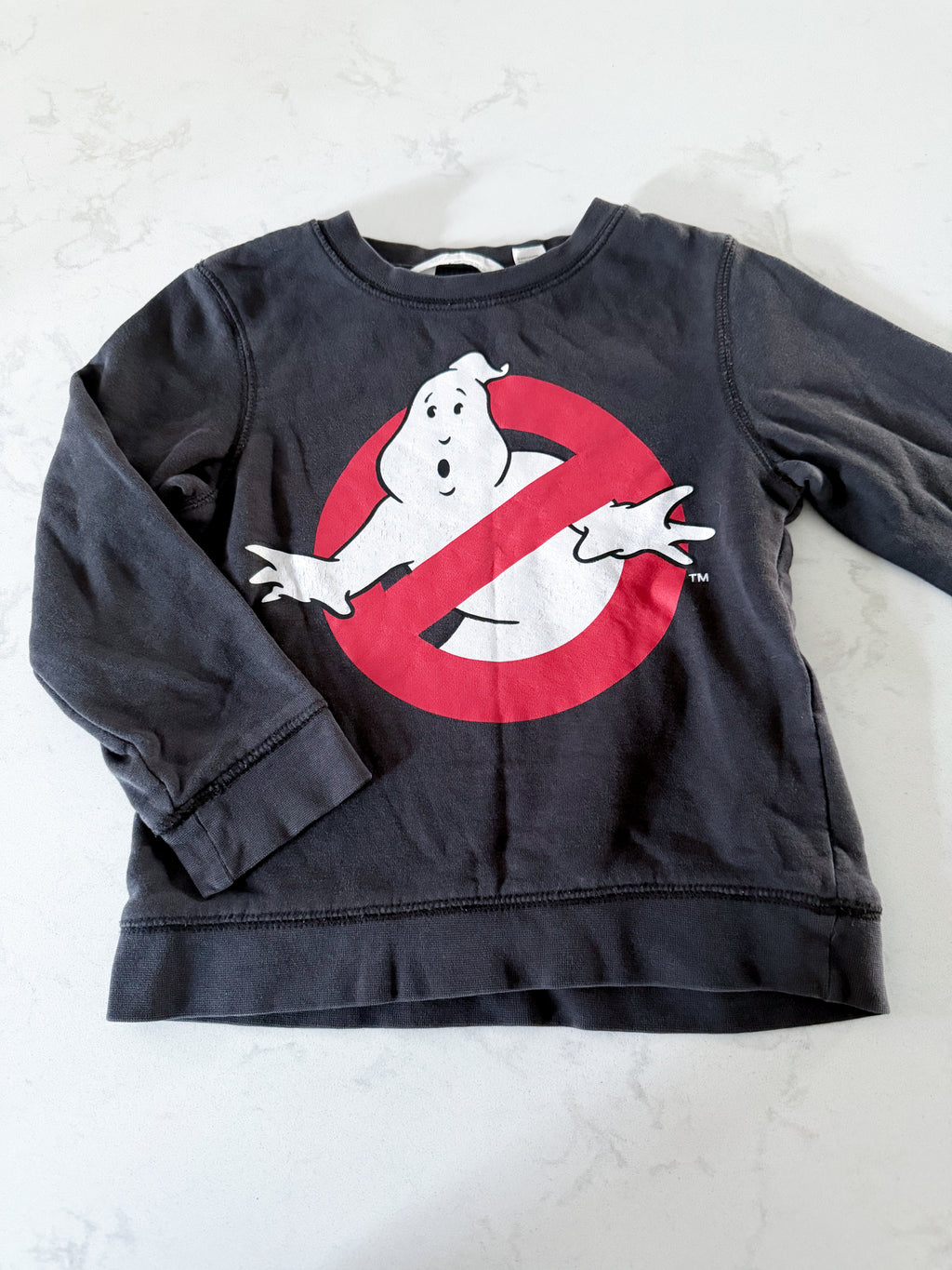H&M- 4-6Y- PLAY- dark grey crewneck with ghost busters logo