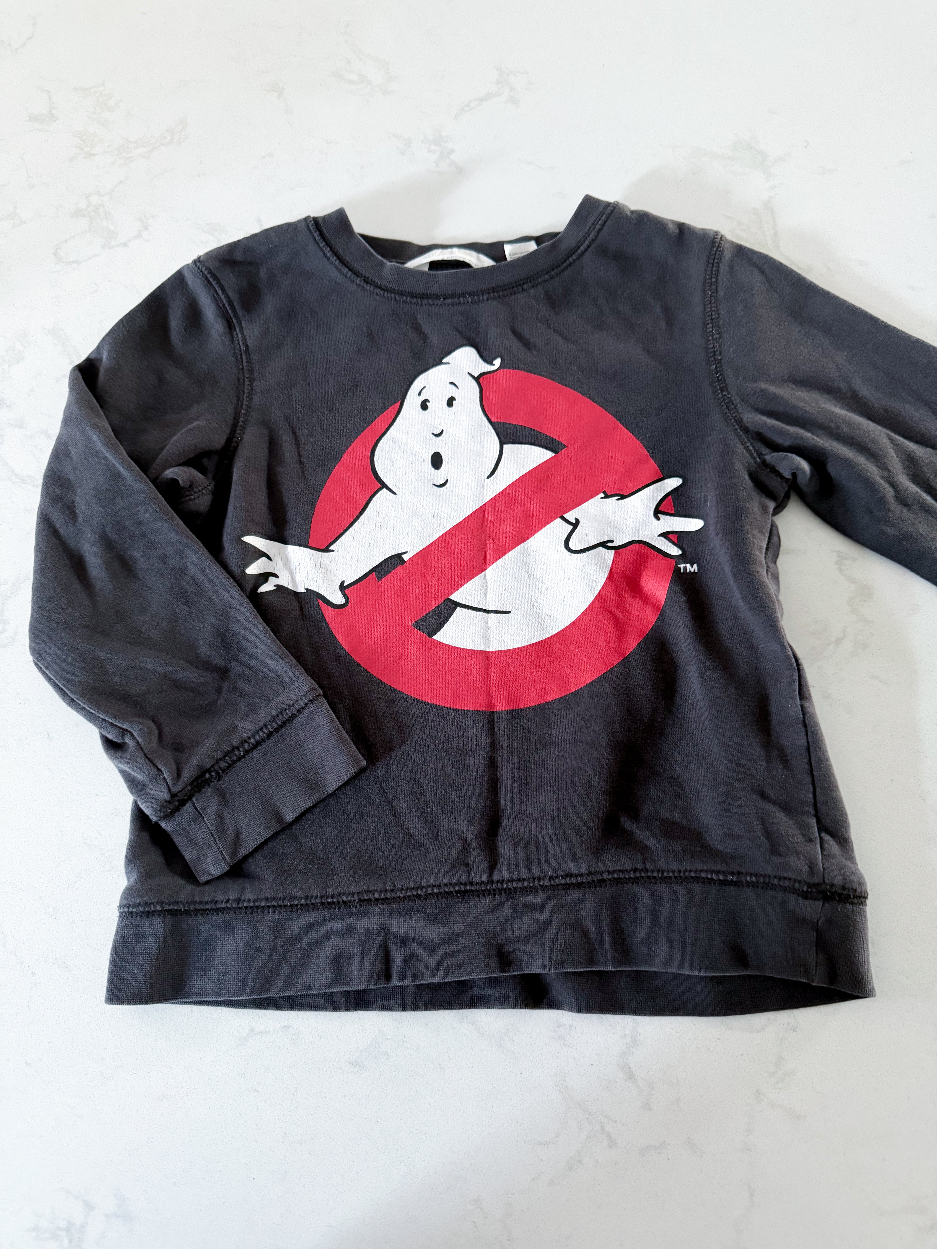 H&M- 4-6Y- PLAY- dark grey crewneck with ghost busters logo