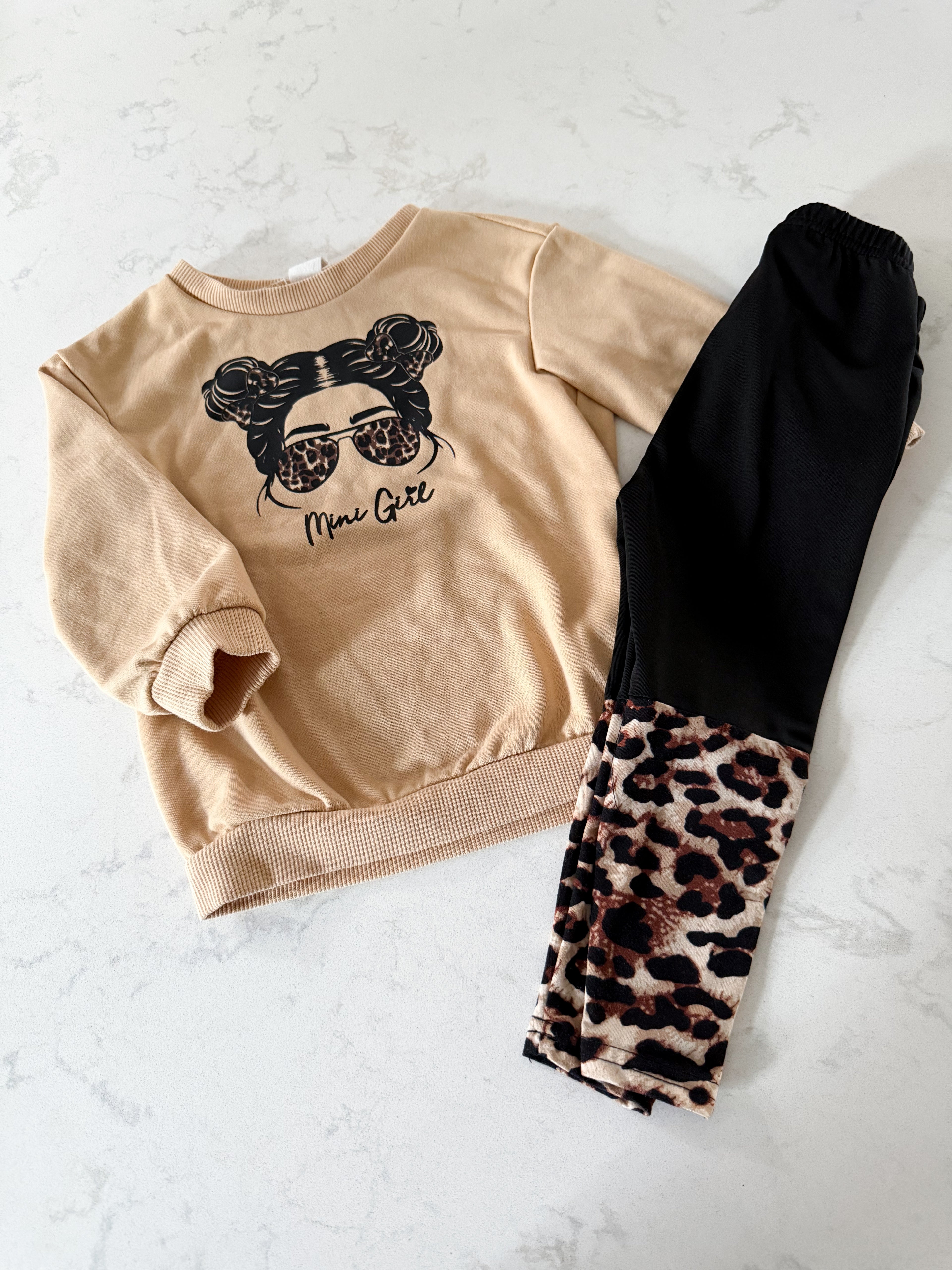Shein- fits 2T- VGUC- beige and cheetah print matching set. Crewneck and leggings