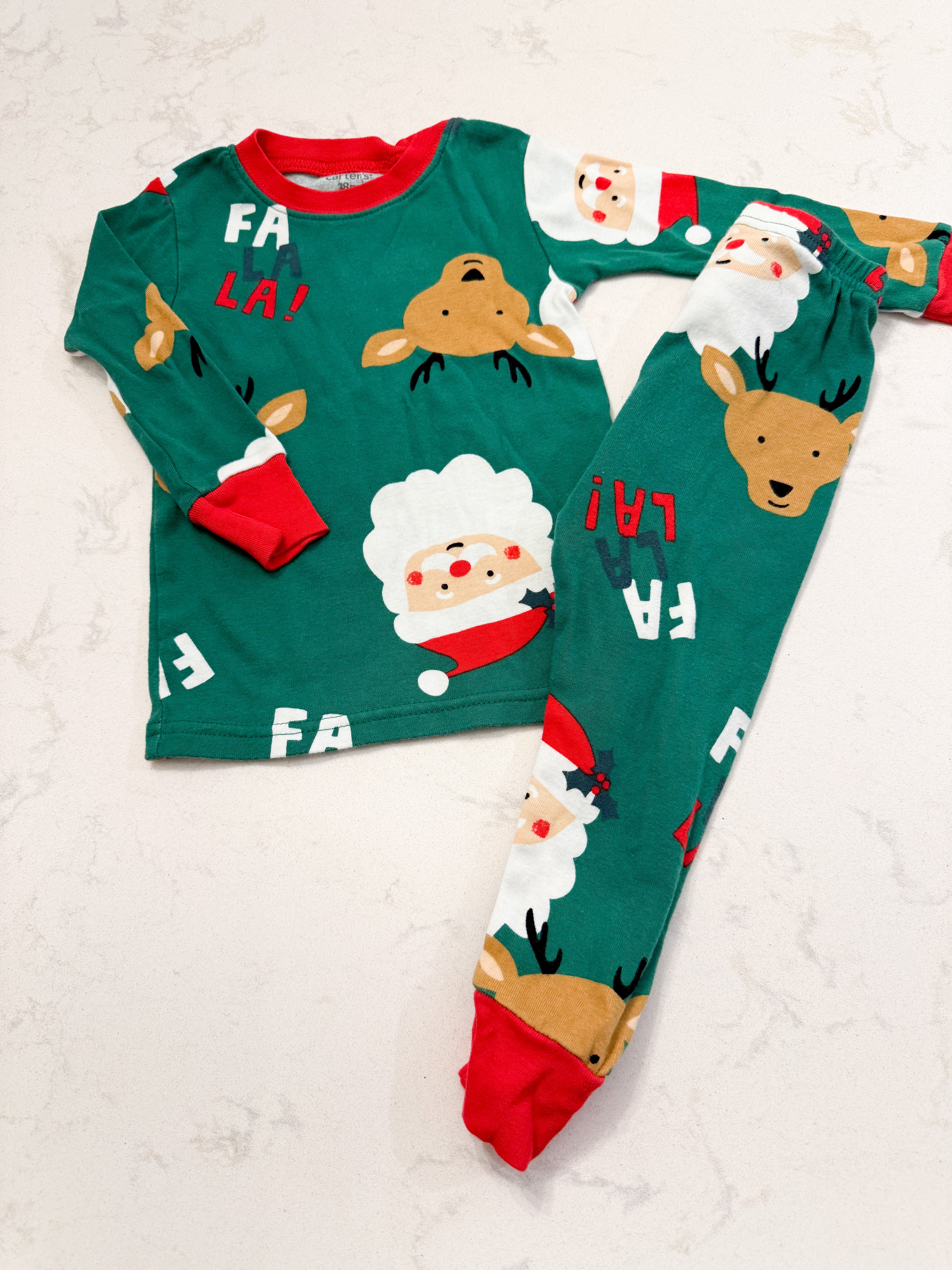 Carter’s- 18m- GUC- green long sleeve pajamas with Christmas pattern