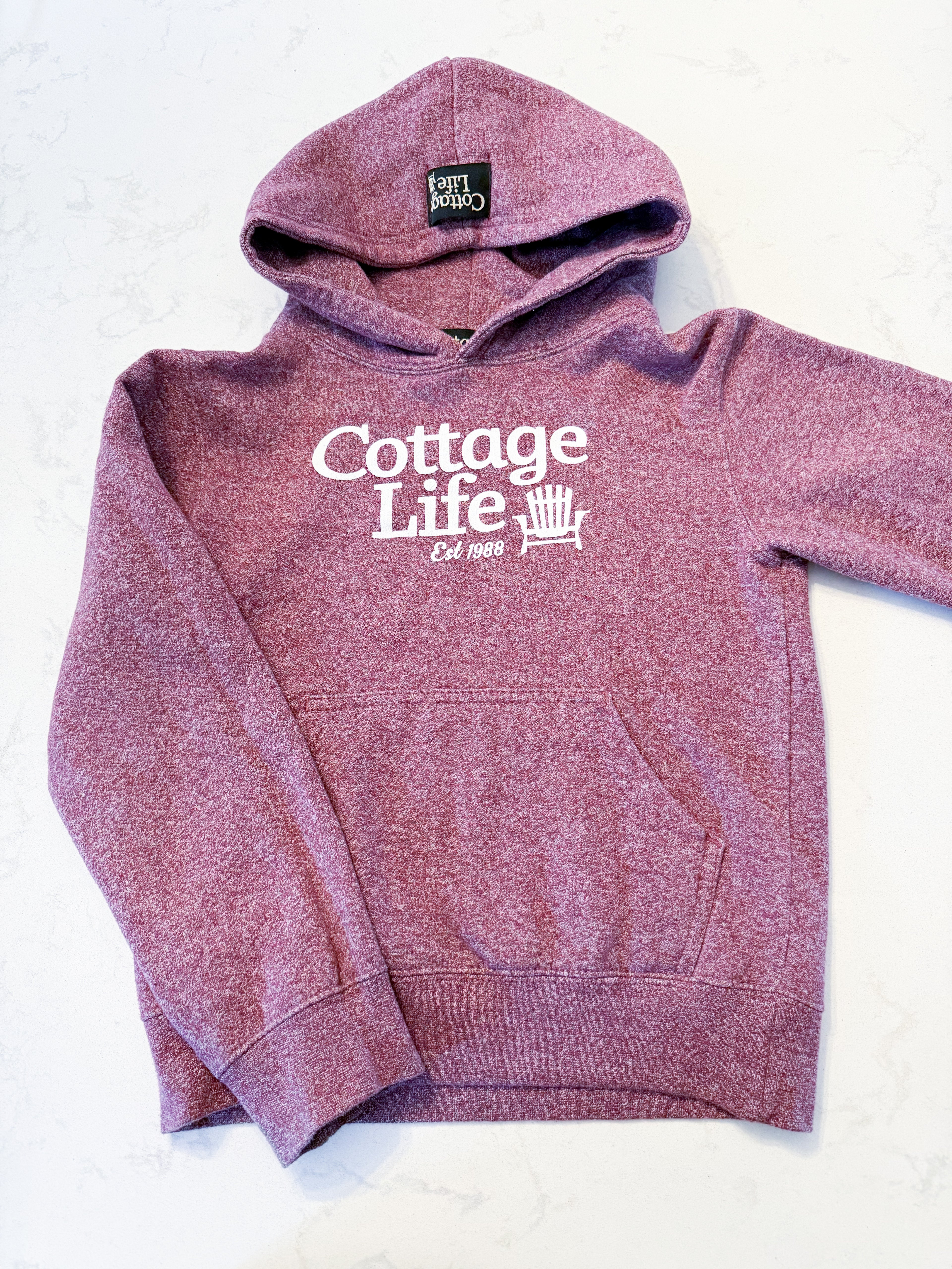 Cottage Life- fits 8-10Y- VGUC- speckled purple/maroon hoodie