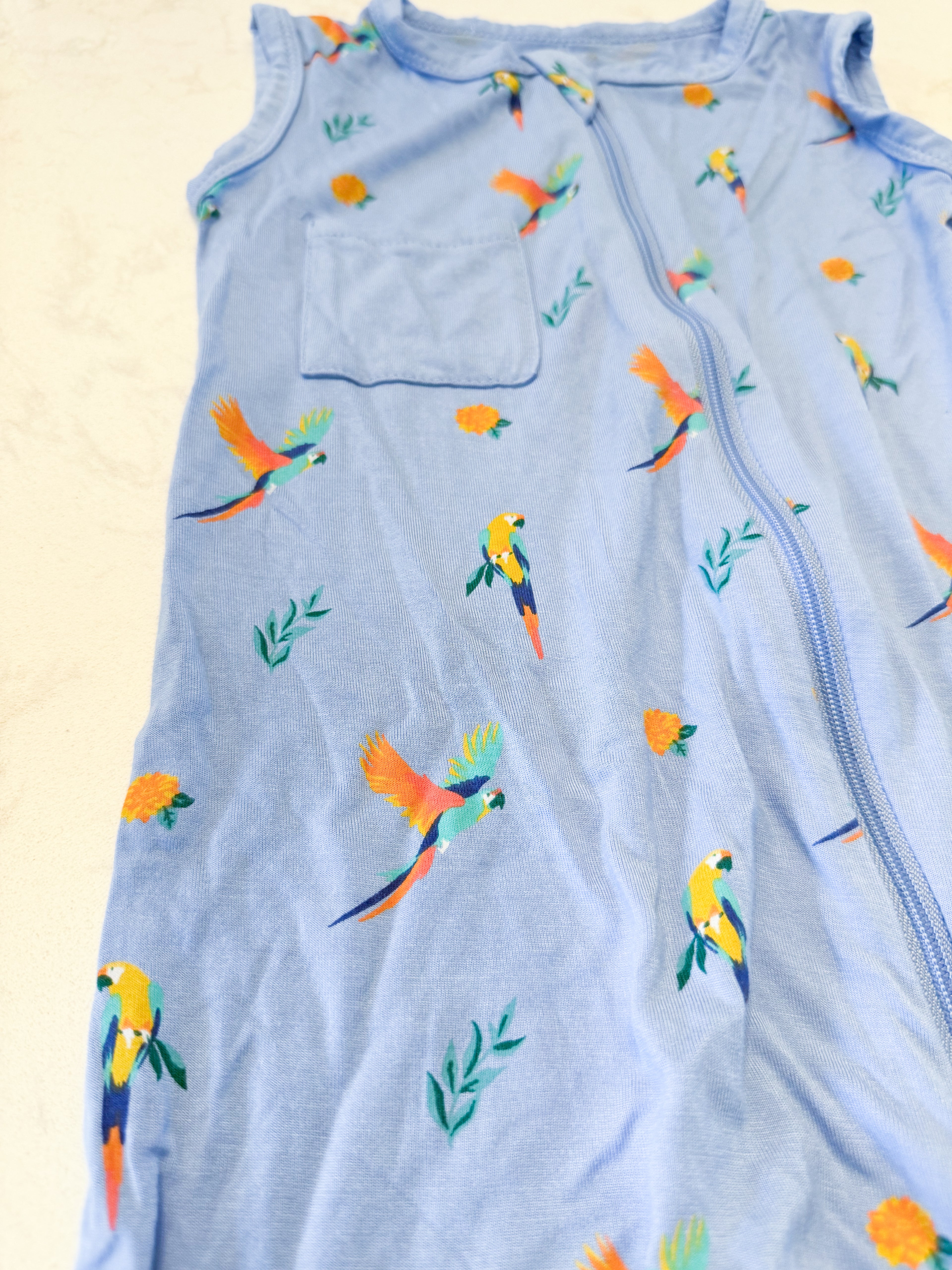 Kyte Baby- 3T- VGUC- bright blue tank romper with macaw pattern