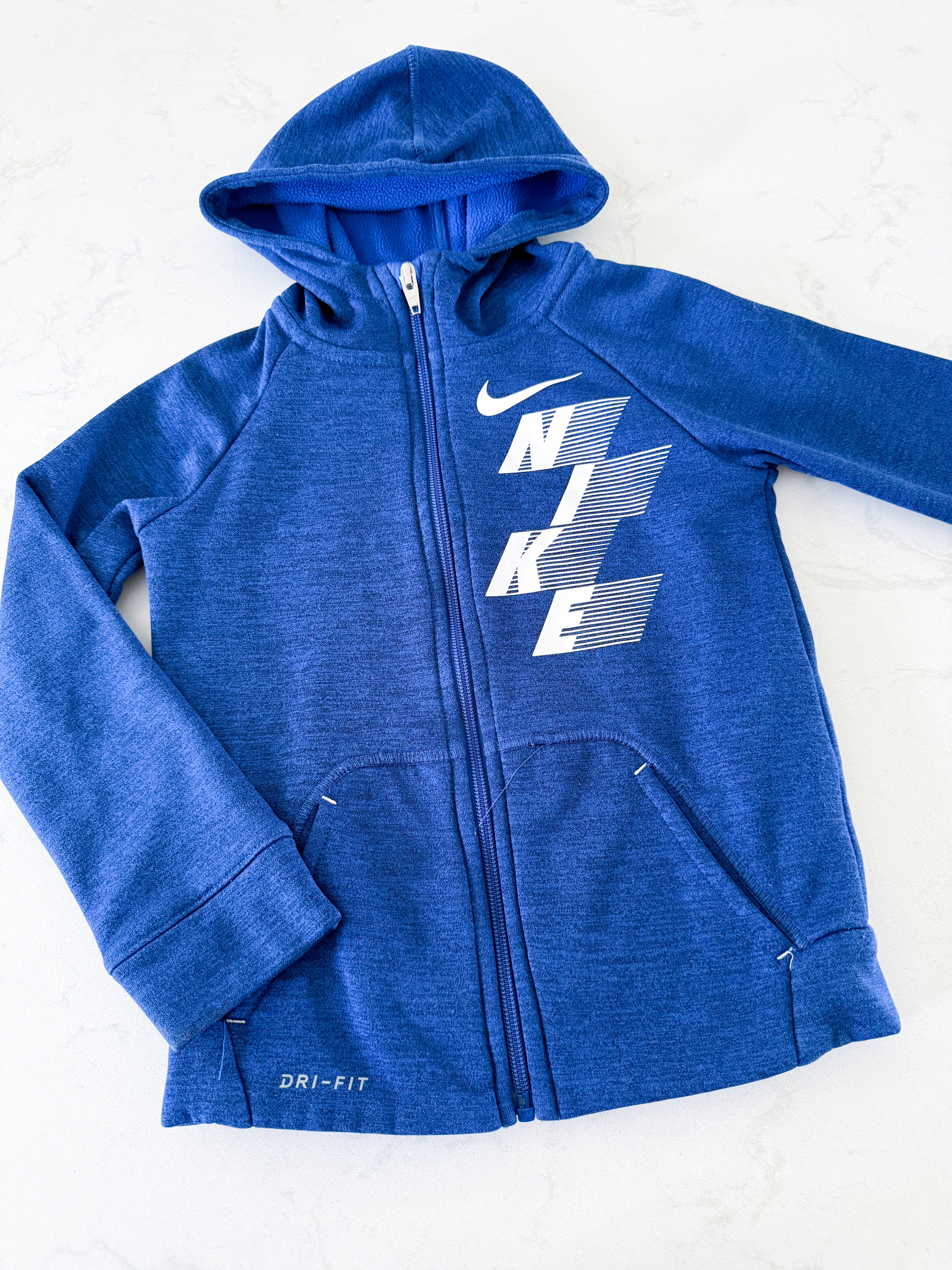 Nike- 4T- GUC- blue zip up athletic hoodie with white logo and fleece lining