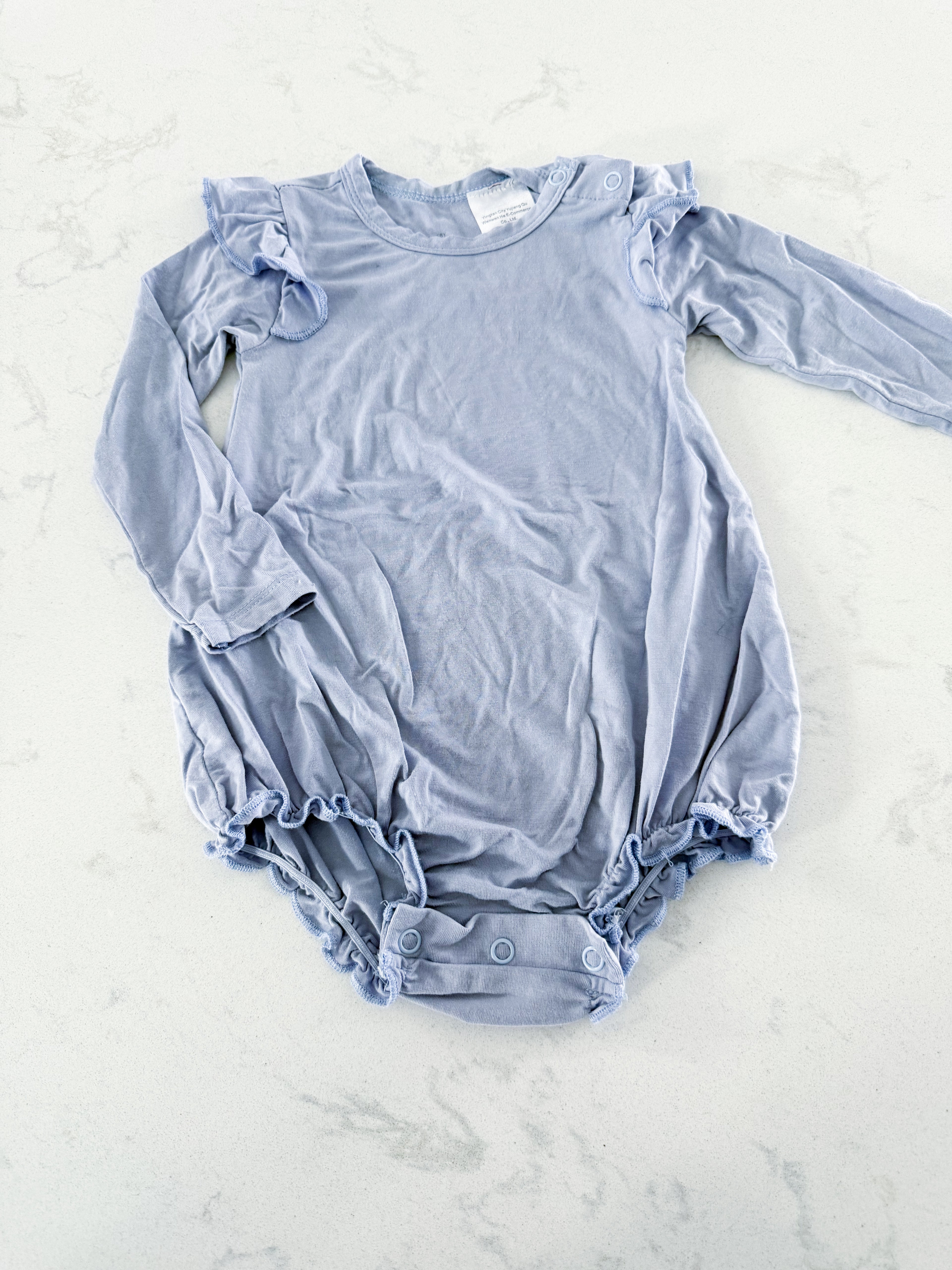 Guisby- 6-12m- GUC- blue long sleeve bubble bodysuit with ruffles