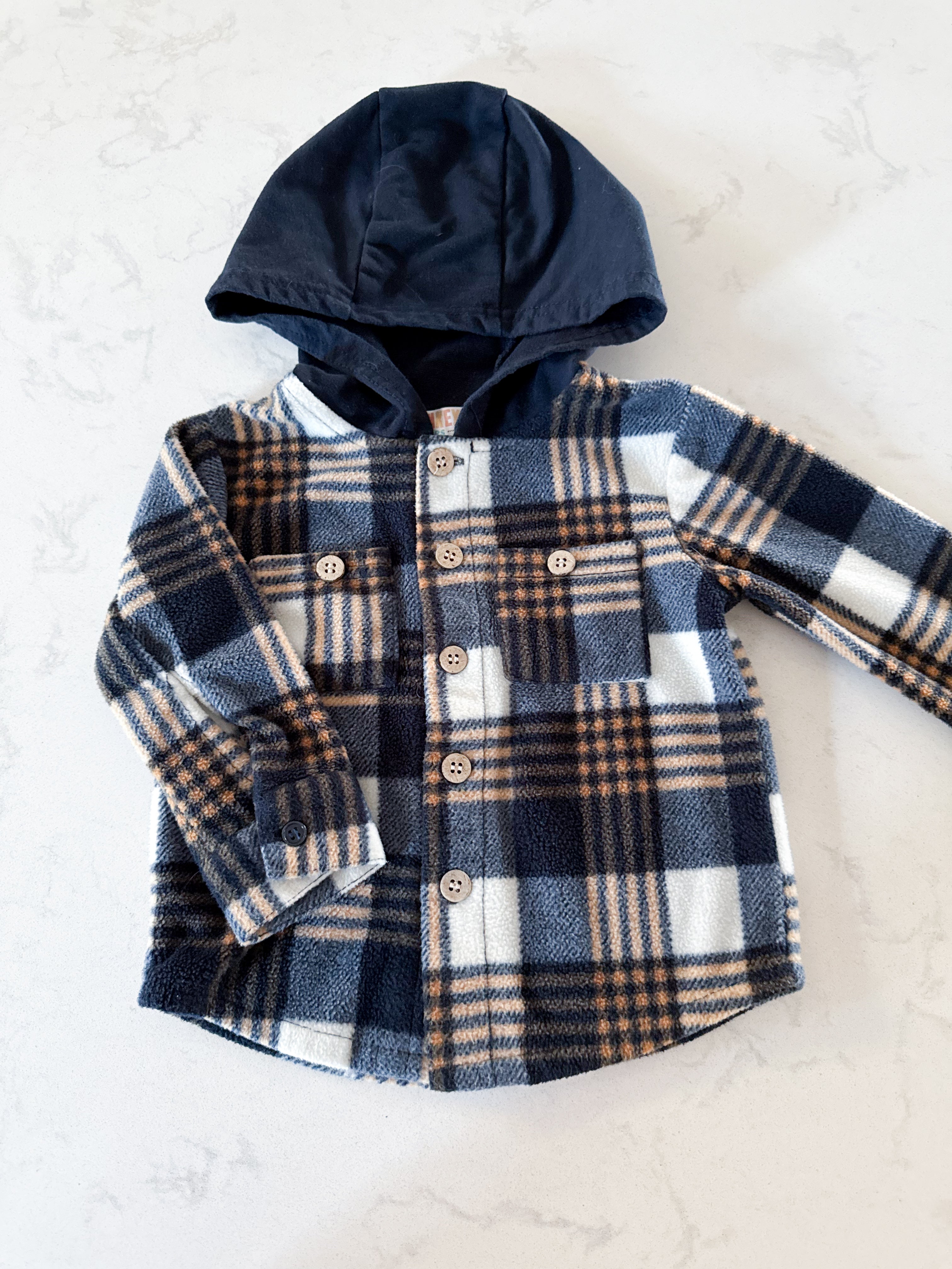 Monkey Bars- 12m- VGUC- fleece hooded blue white and beige button up