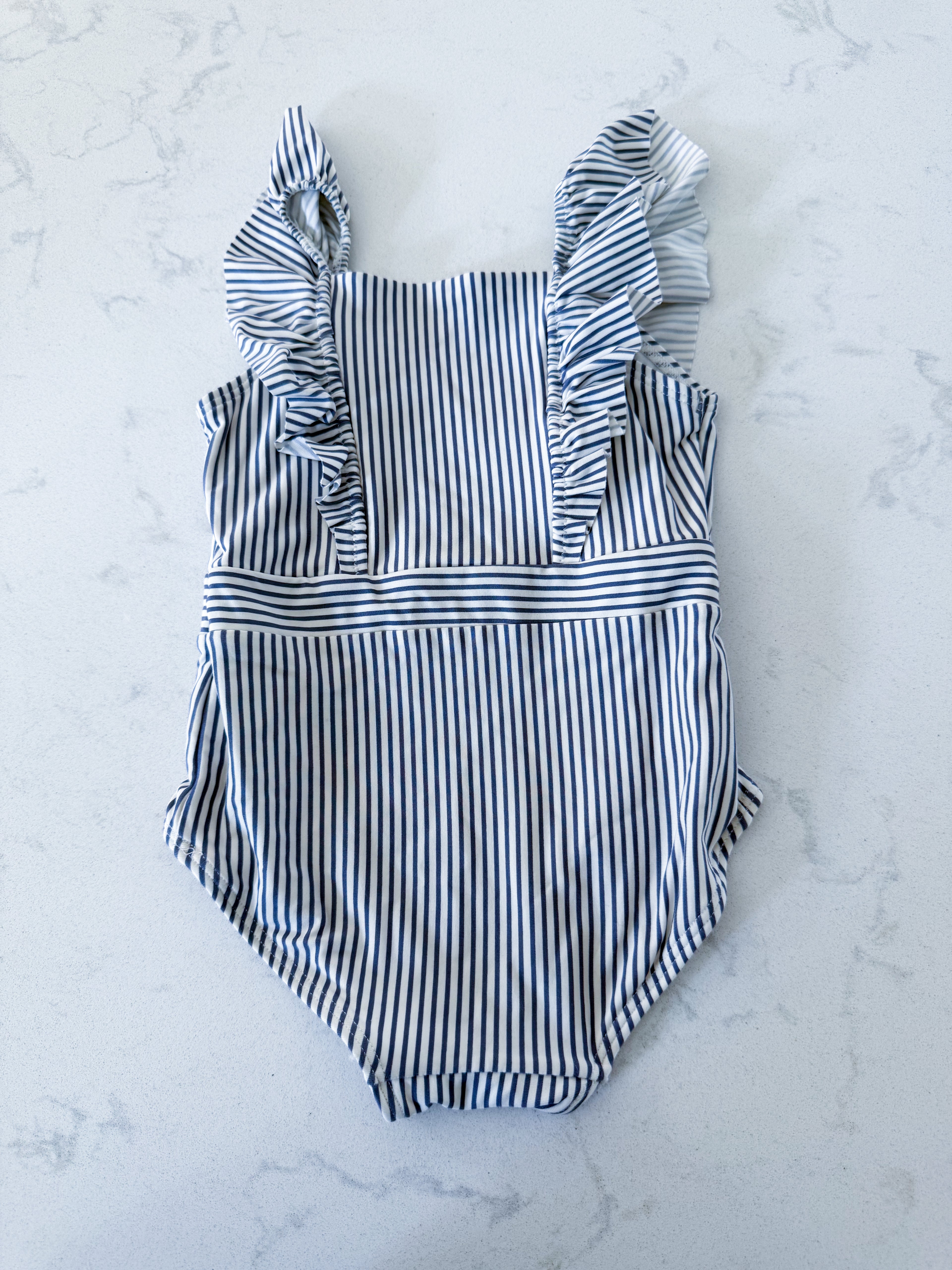 H&M- 6-12m- VGUC- white and blue thin vertical striped ruffle swim suit