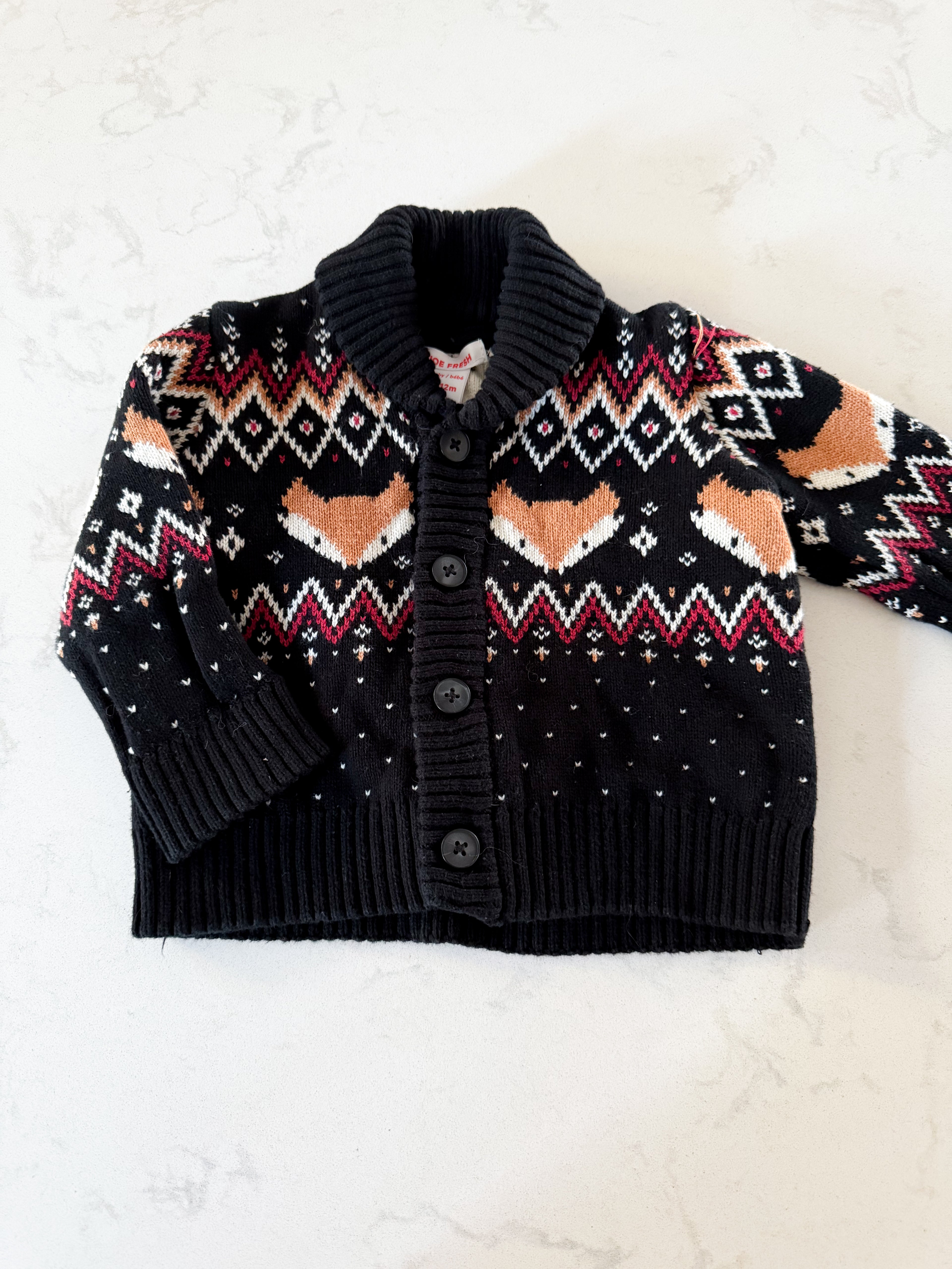 Joe Fresh- 6-12m- VGUC- black knit button up cardigan with foxes