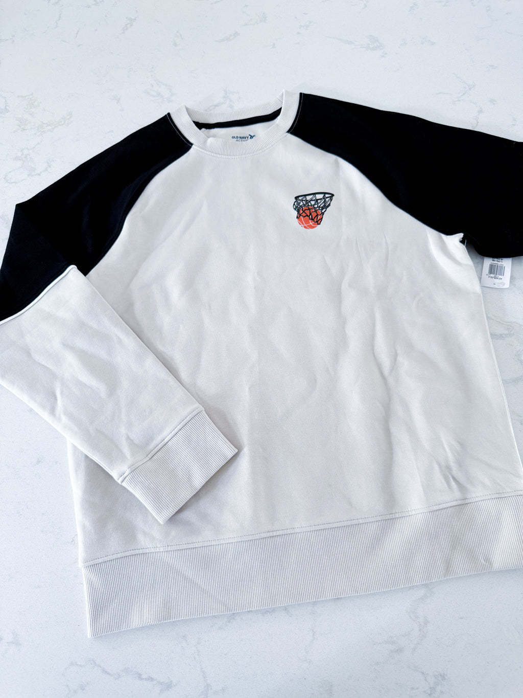 Old Navy- 10-12Y- BNWT- cream coloured basketball crewneck with black sleeves