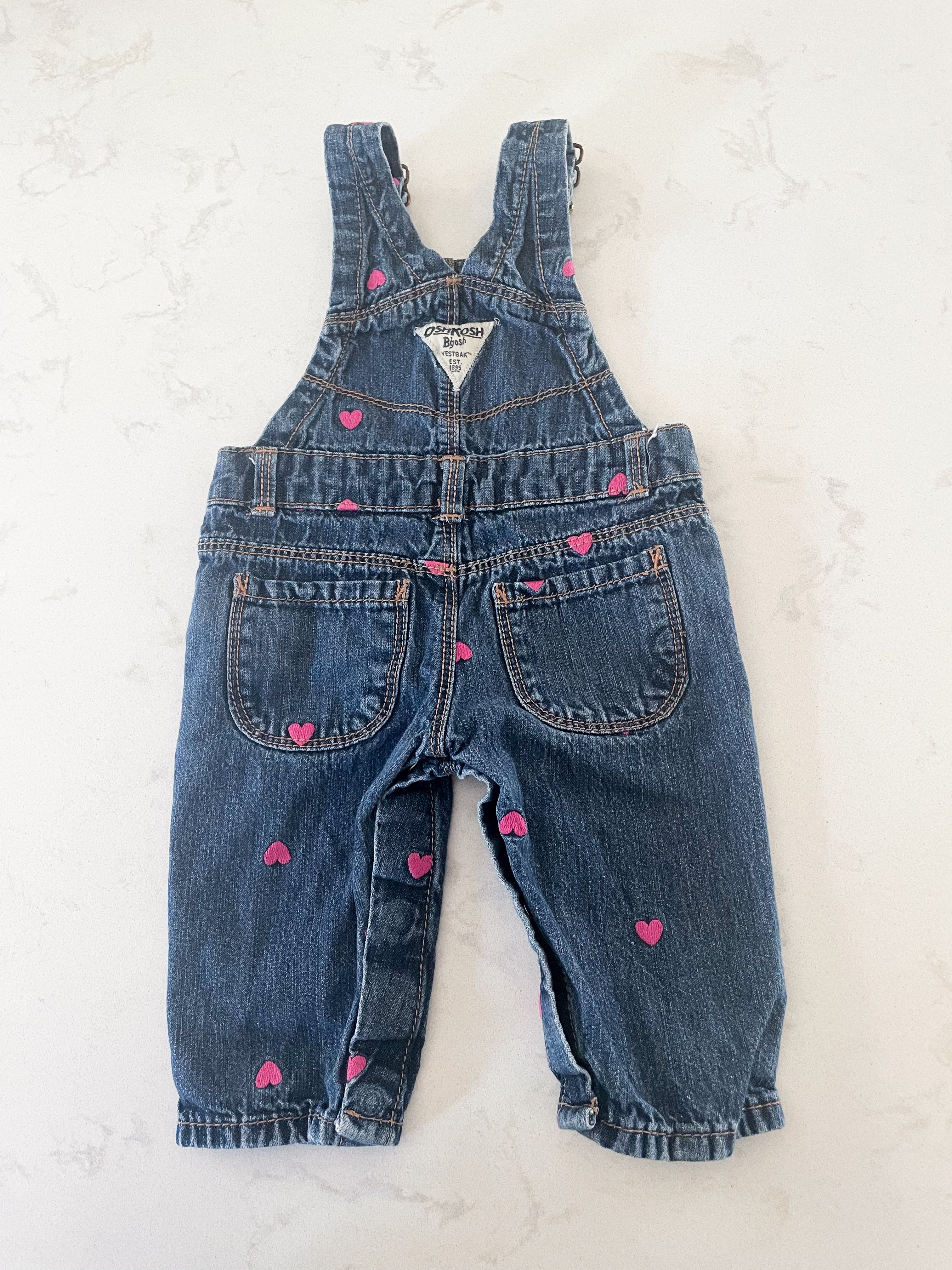 Oshkosh- 6 months- jean overalls with pink embroidered hearts
