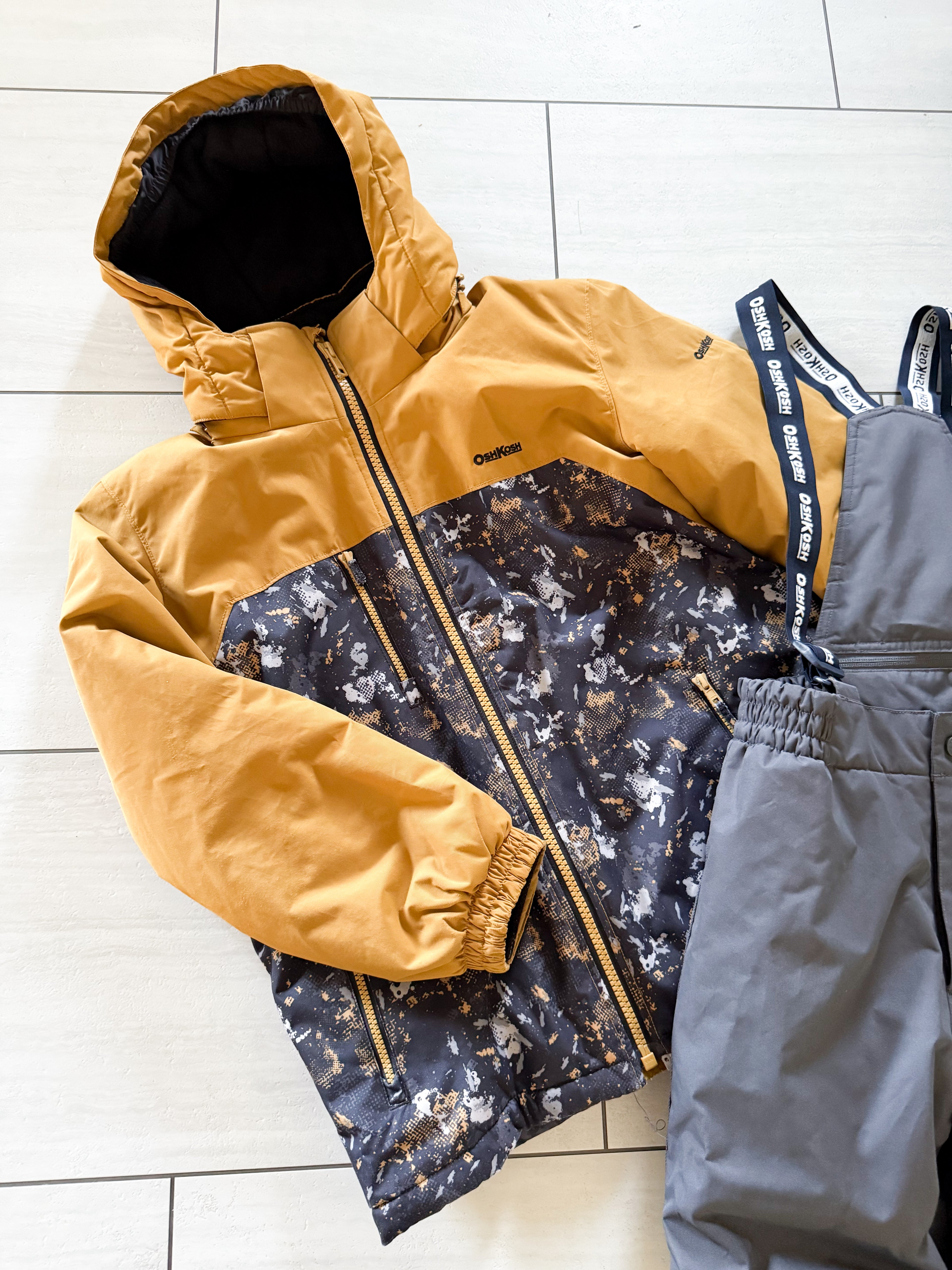 Oshkosh- 12Y- GUC- goldish Brown and grey two piece snowsuit