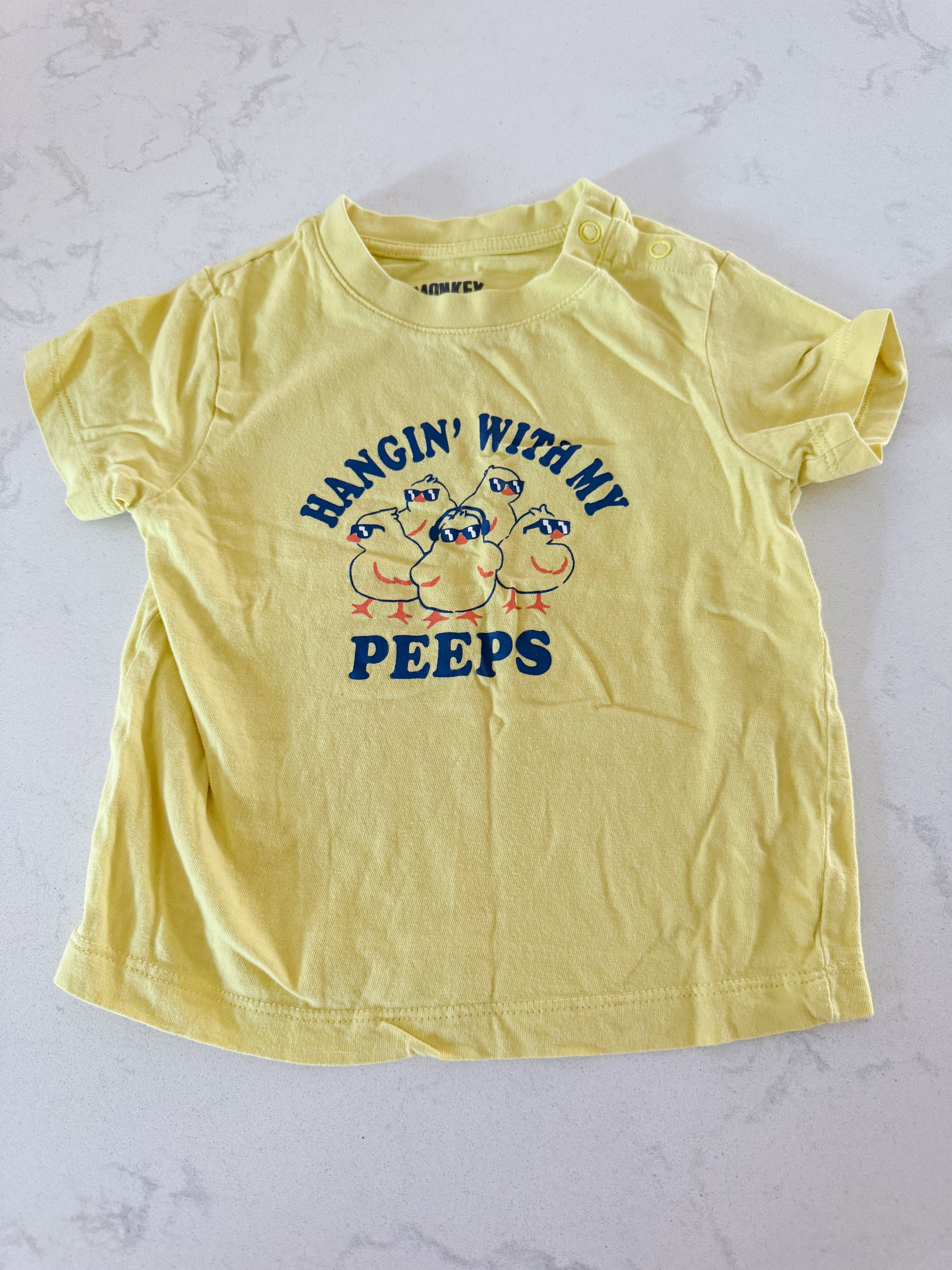 Monkey Bars Hanging with my peeps- 18m- GUC- yellow t shirt with peeps graphic