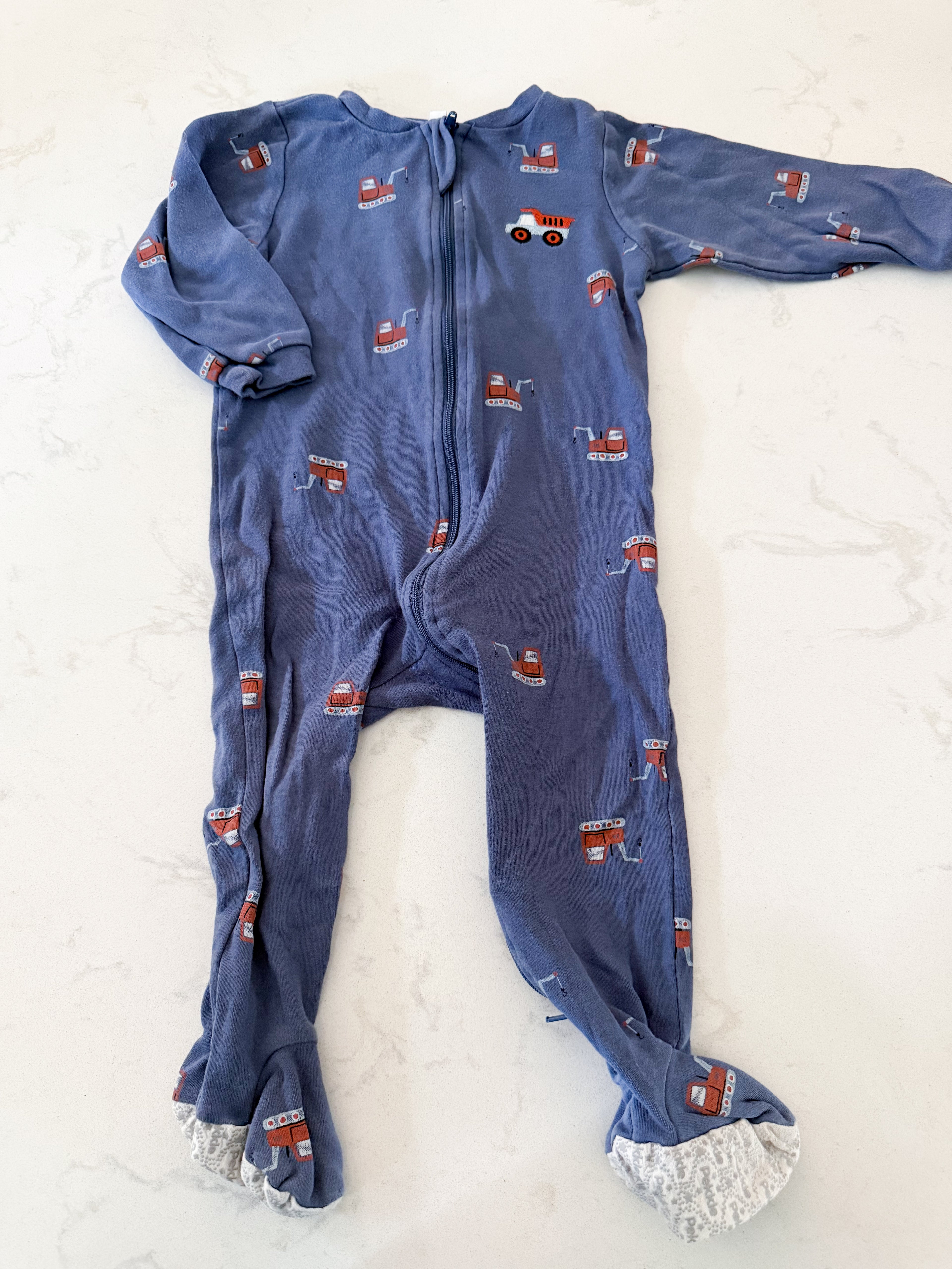 Pekkle- 12m- GUC- navy blue footie Jammies with embroidered dump truck
