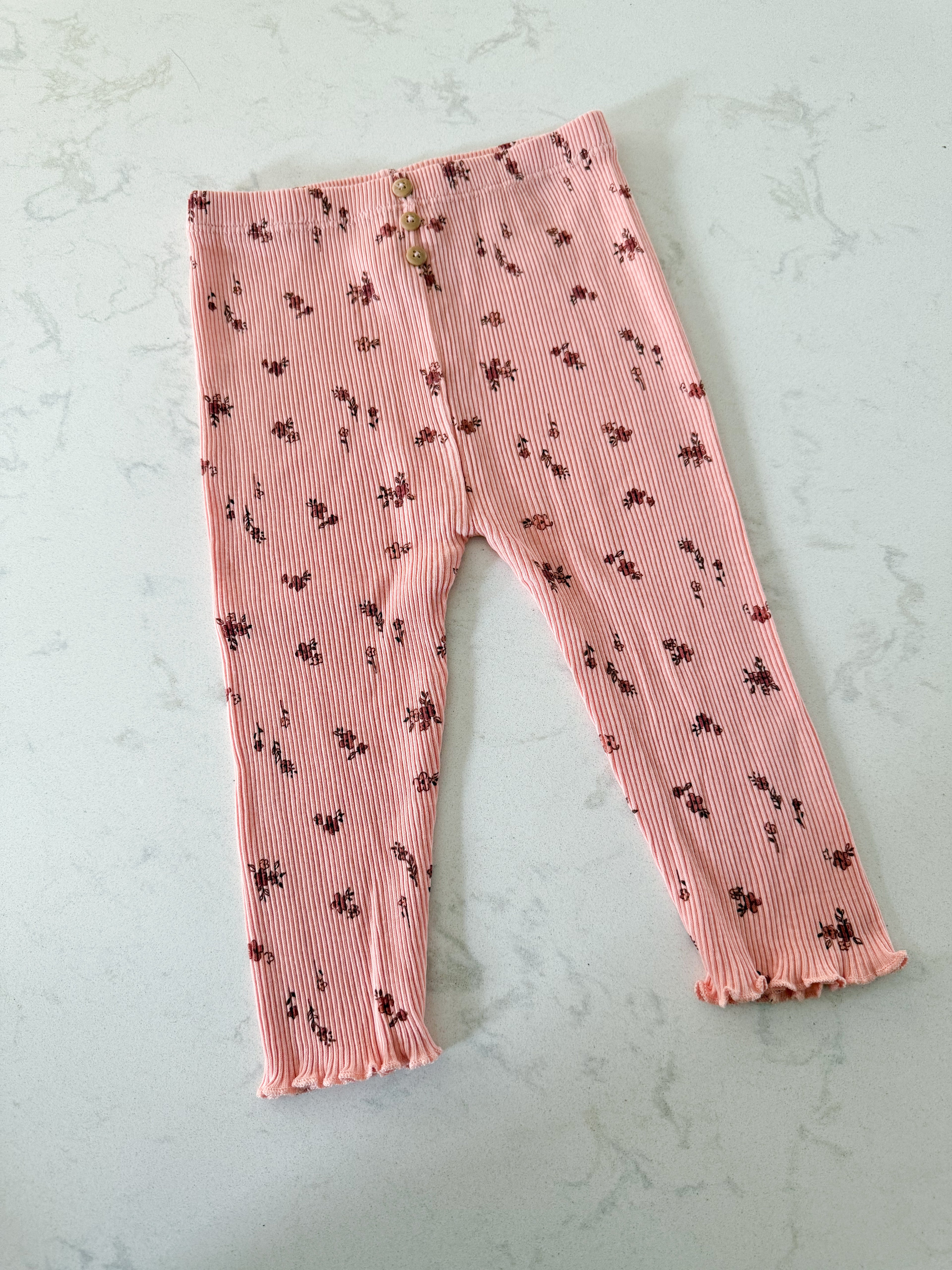 Rabbit and Bear- 12m-VGUC- pink ribbed leggings with frills and floral pattern