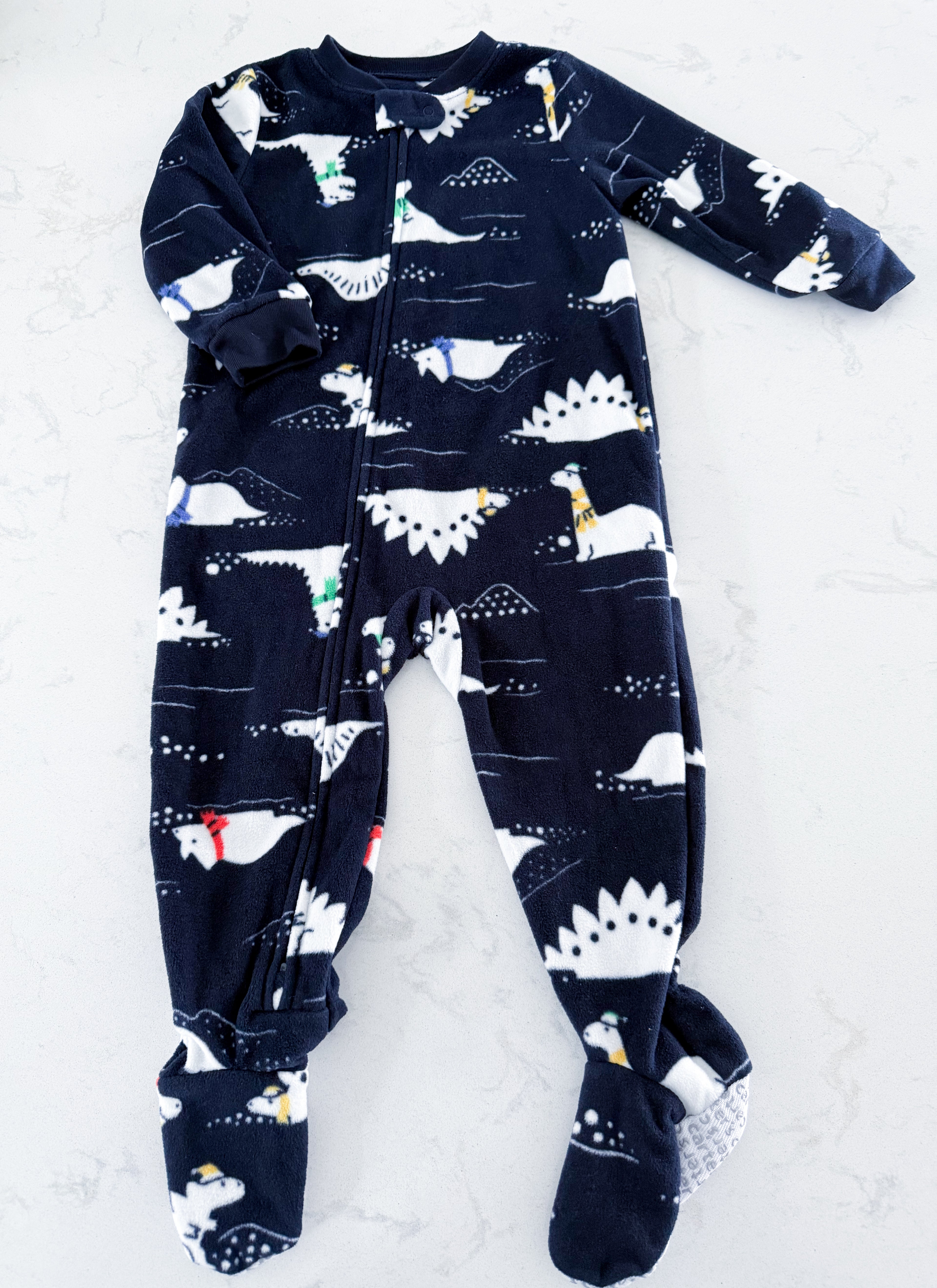 Carters- 18m- VGUC- navy blue fuzzy footie pajamas with snow dinos