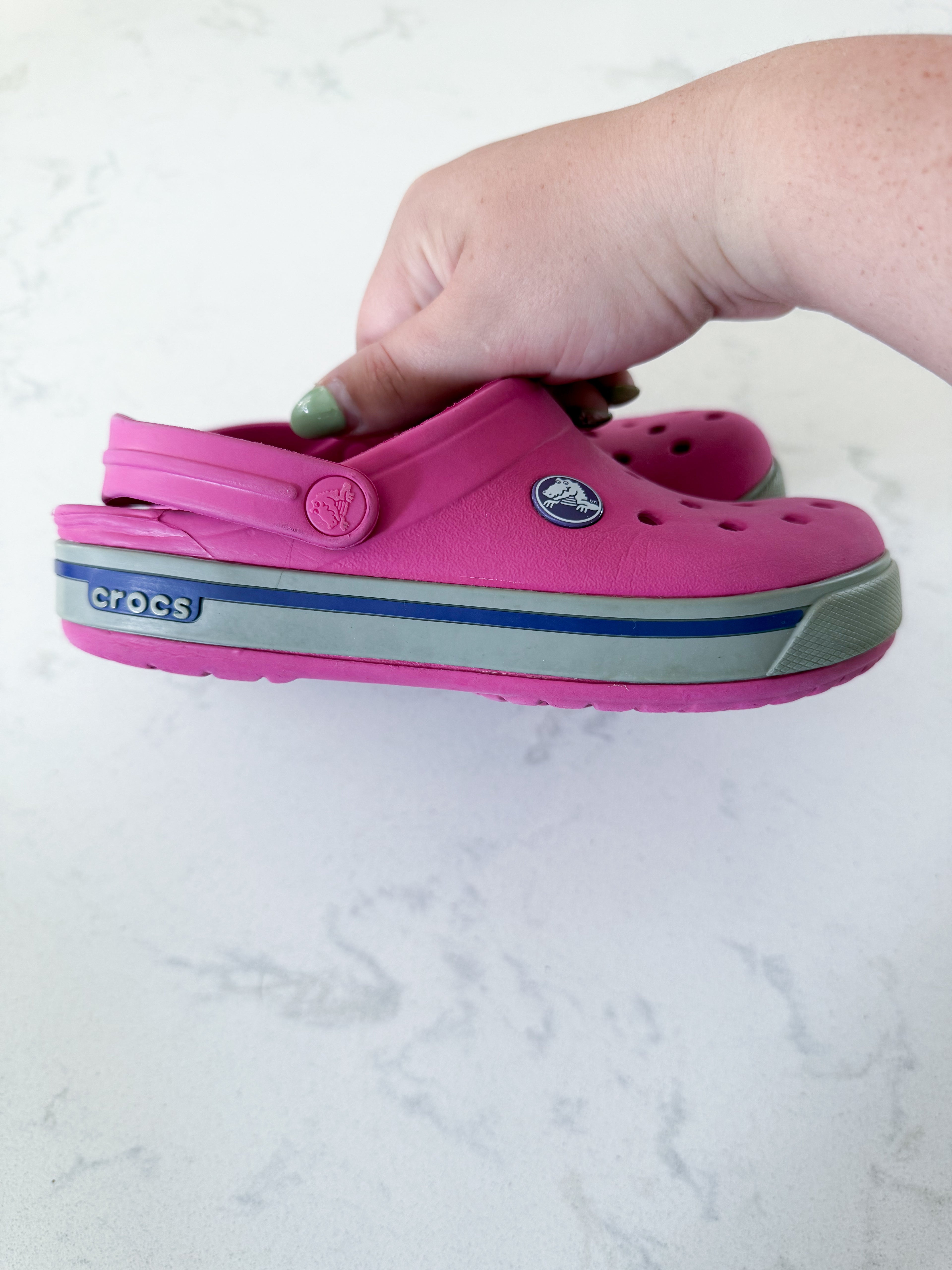 Crocs- 12/13C- GUC- pink crocs with grey trim