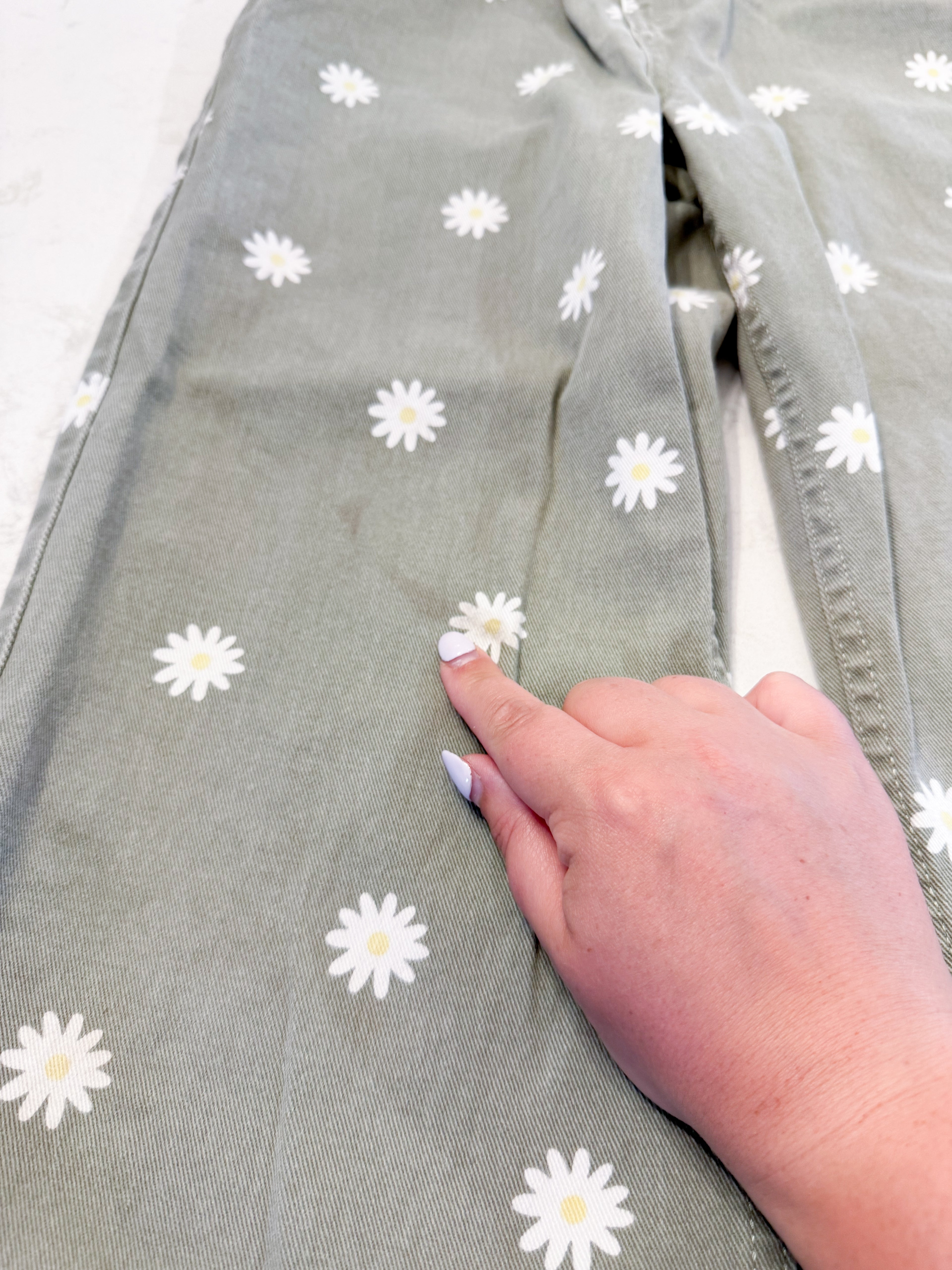 George- 14Y- PLAY- sage green jeans with adjustable waist and daisies