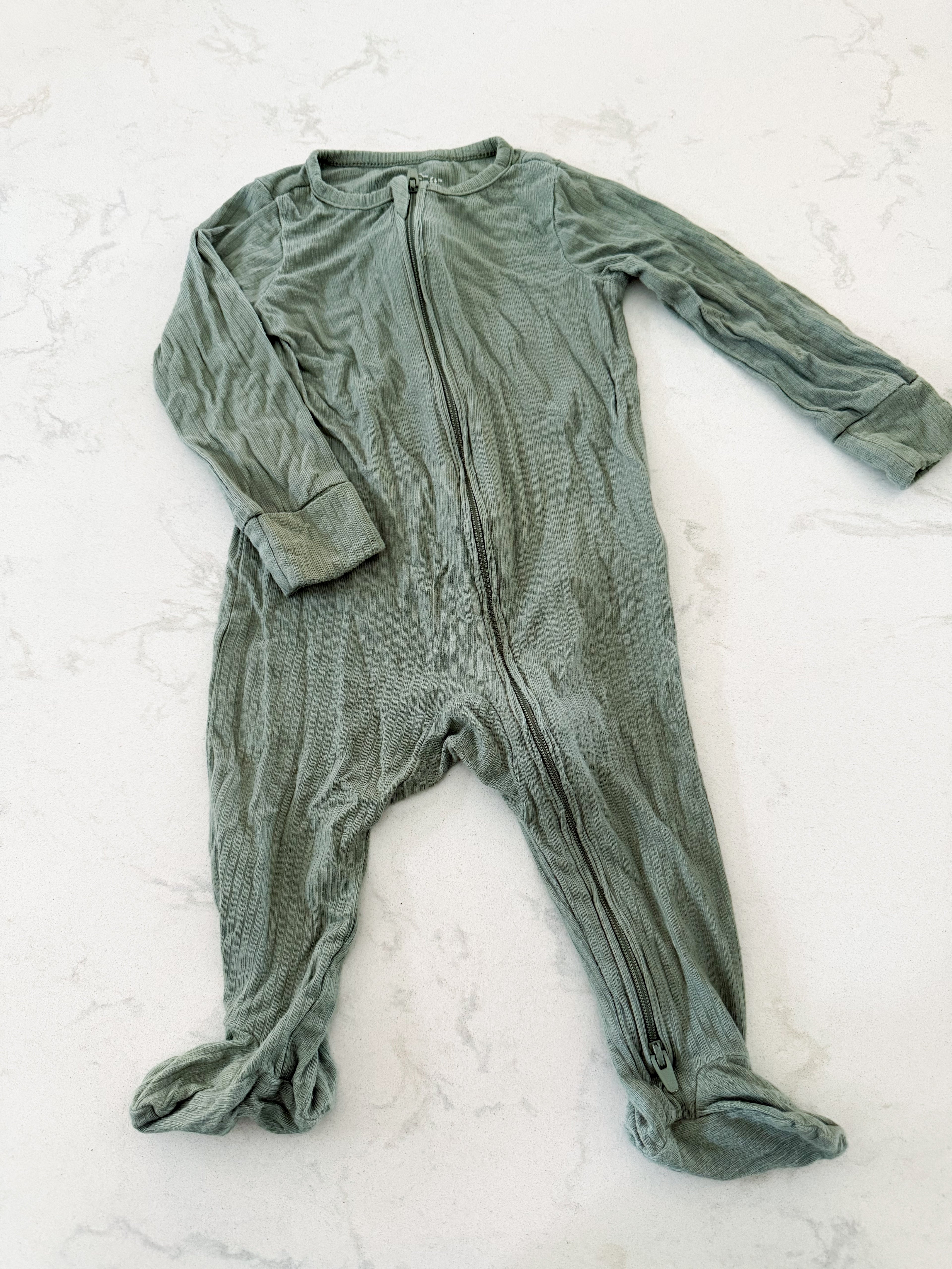Purely Soft- 6m- PLAY- sage green ribbed thin bamboo-like footie Jammies