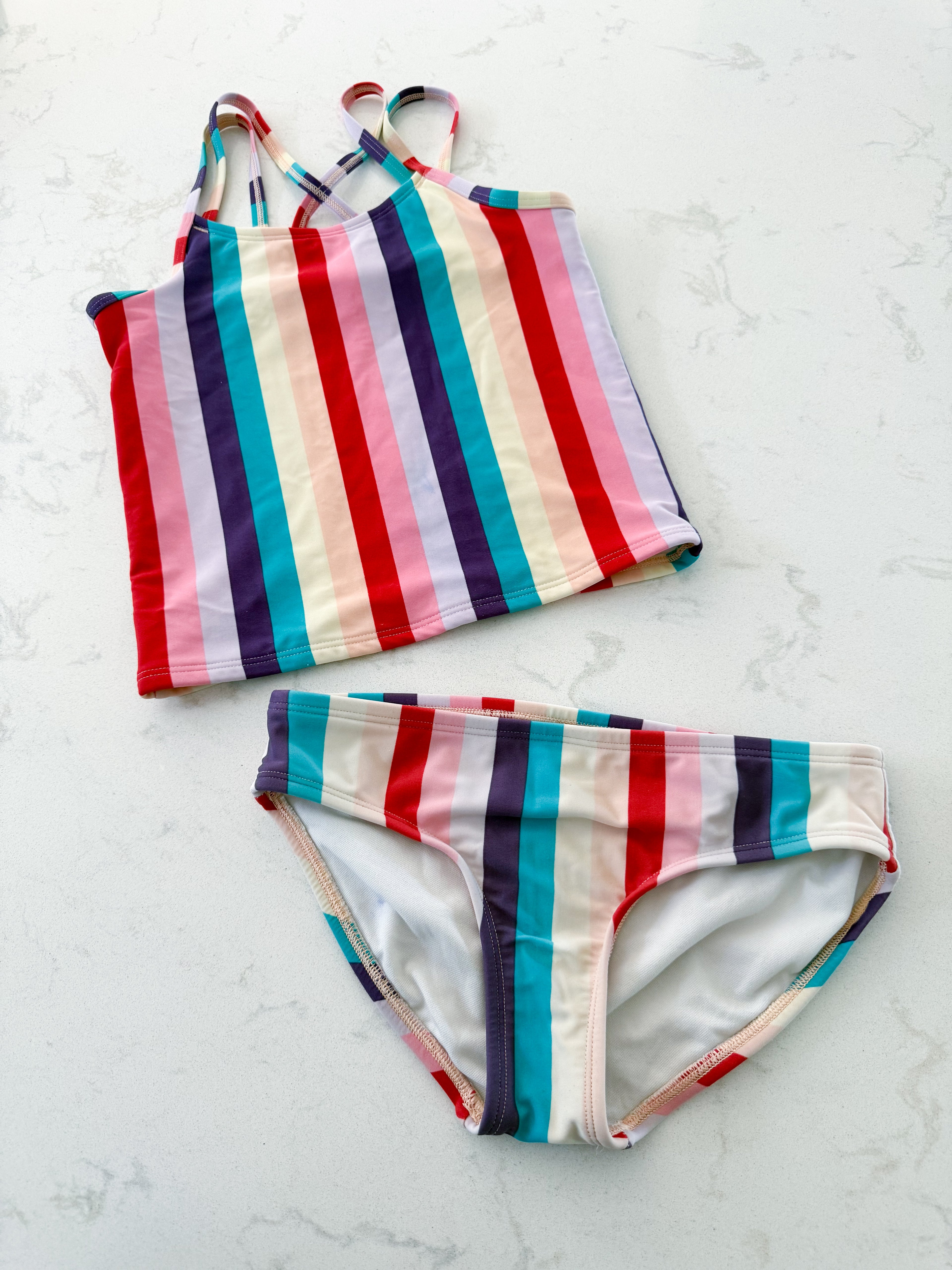 Abercrombie Kids- 9-10Y- PLAY- red blue purple and pink striped two piece bathing suit