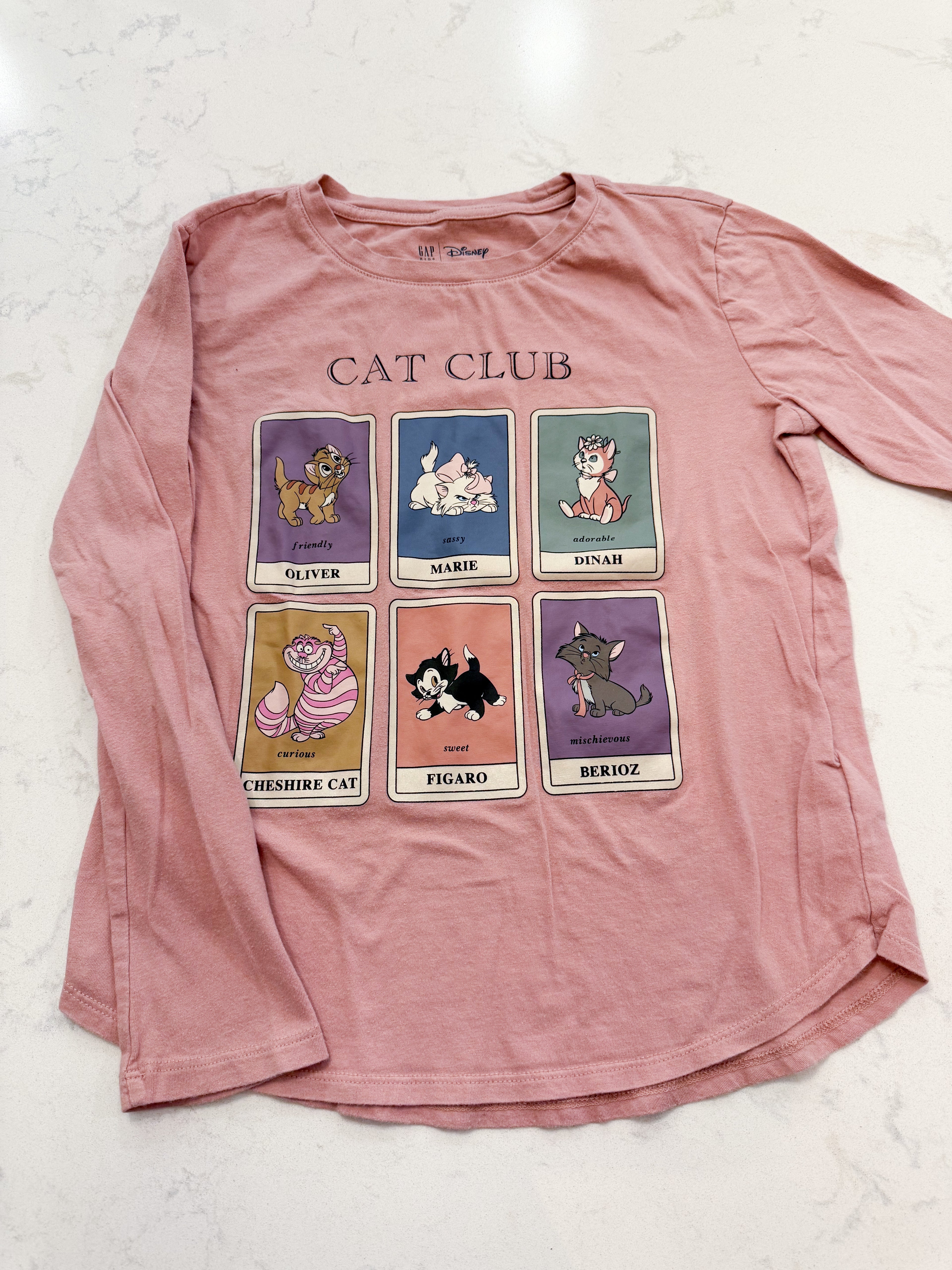 Gap Kids- XL (12-14Y)- GUC- long sleeve dusty pink shirt with Disney cats