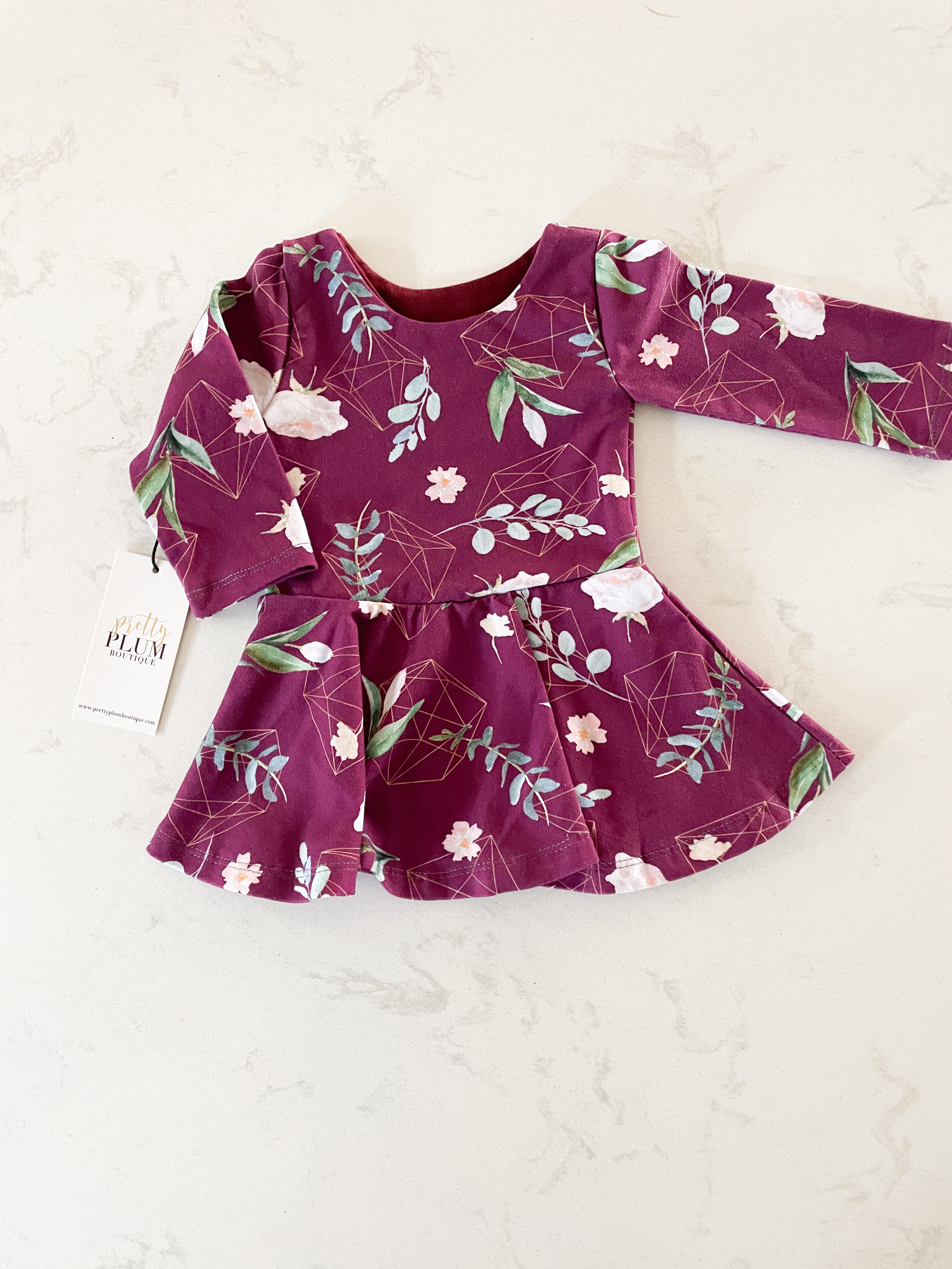Pretty Plum Boutique- 6-9 months- purple floral geometric dress