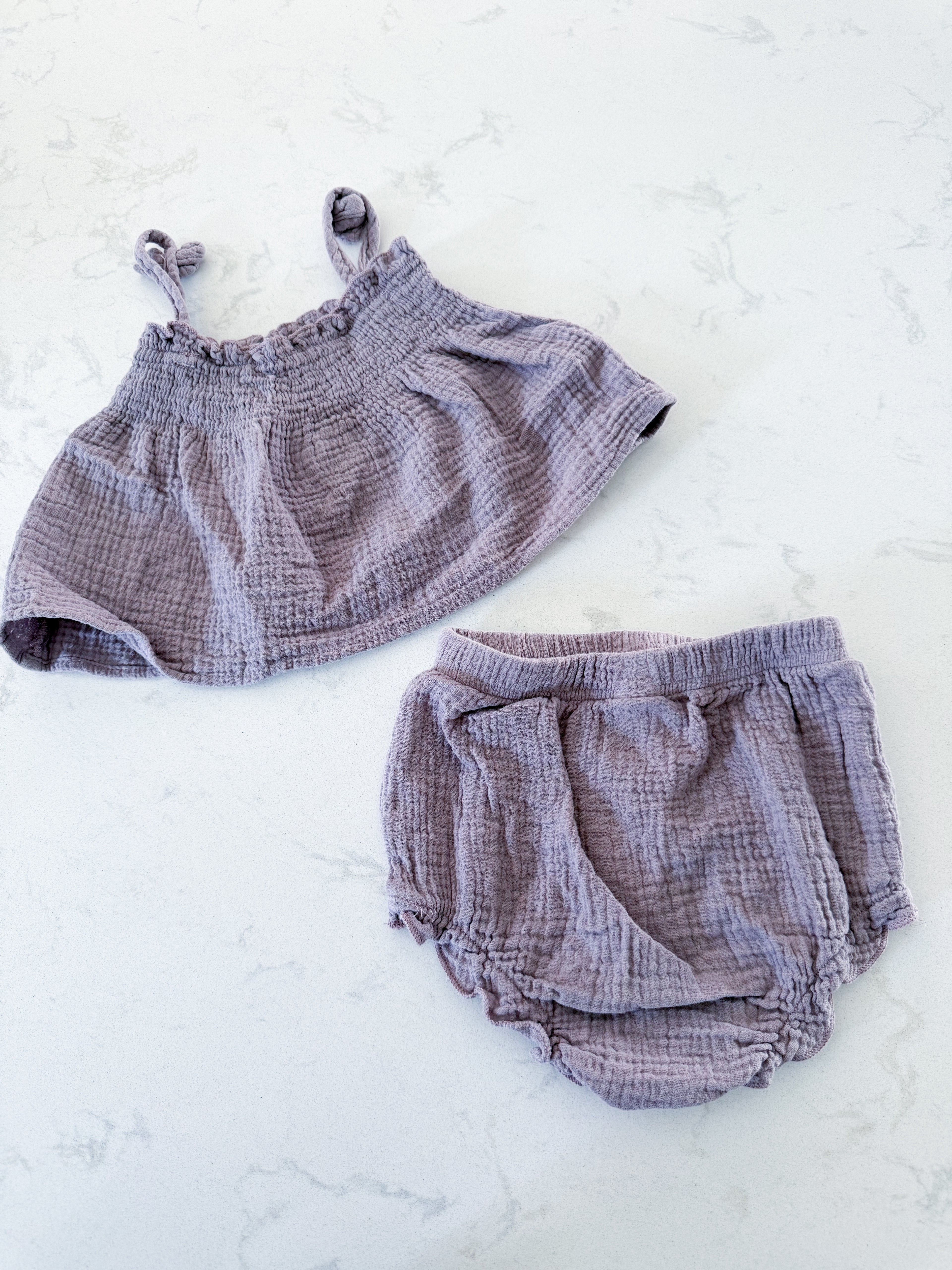 No brand- 12-18m- VGUC- two piece purple muslin set with tank and shorts